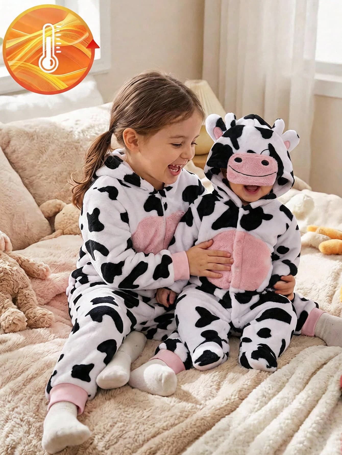 Newborn Patchwork Heart Animal Ear Cow Print Long Sleeve Hooded Romper Sleepwear Set, Baby Girl Cow Print Infant Outfit, Cow Print Baby Girl Clothing, Cow Print Infant Wear, Cow Print Toddler Set, Autumn Winter