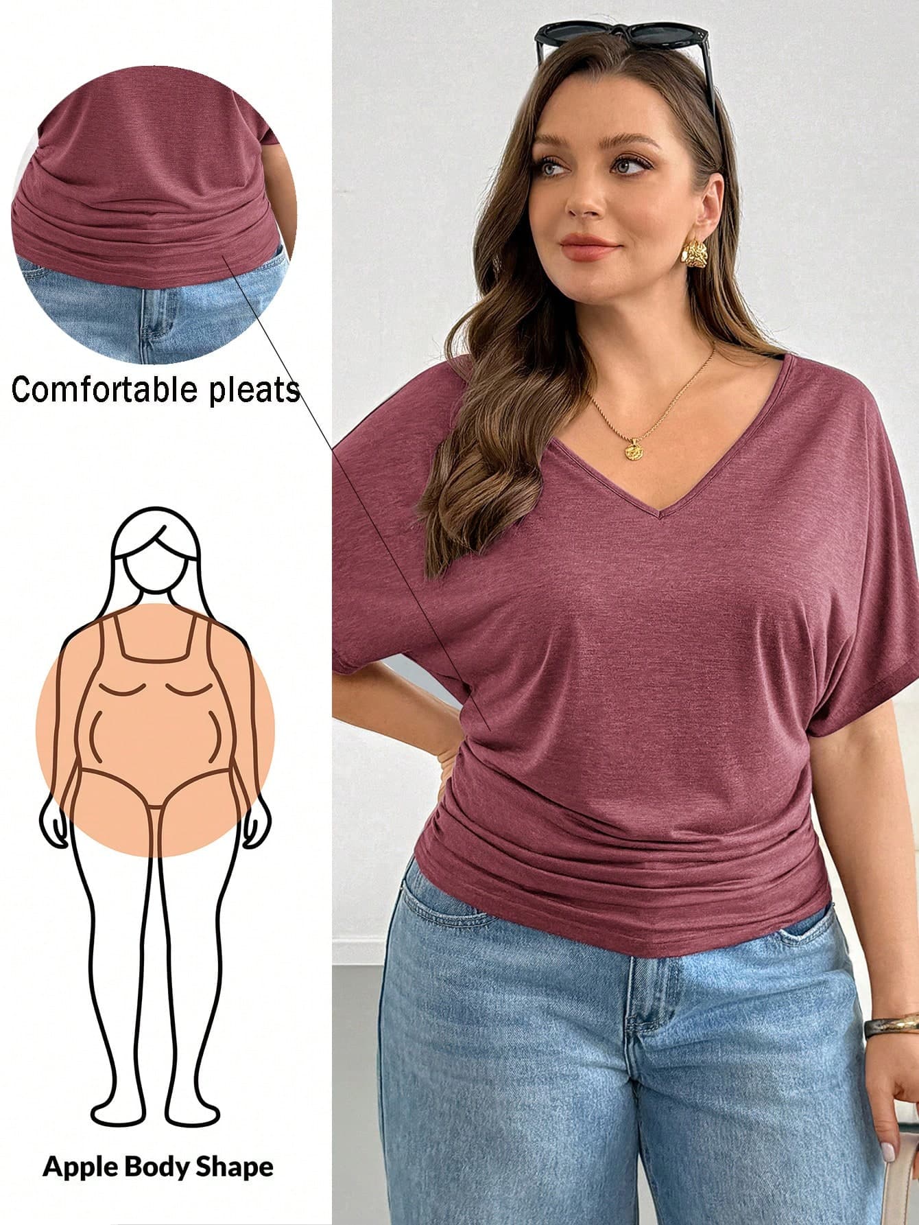 Shapeblank Plus Size Women Solid Color V-Neck Pleated Casual Versatile Daily Wear T-Shirt