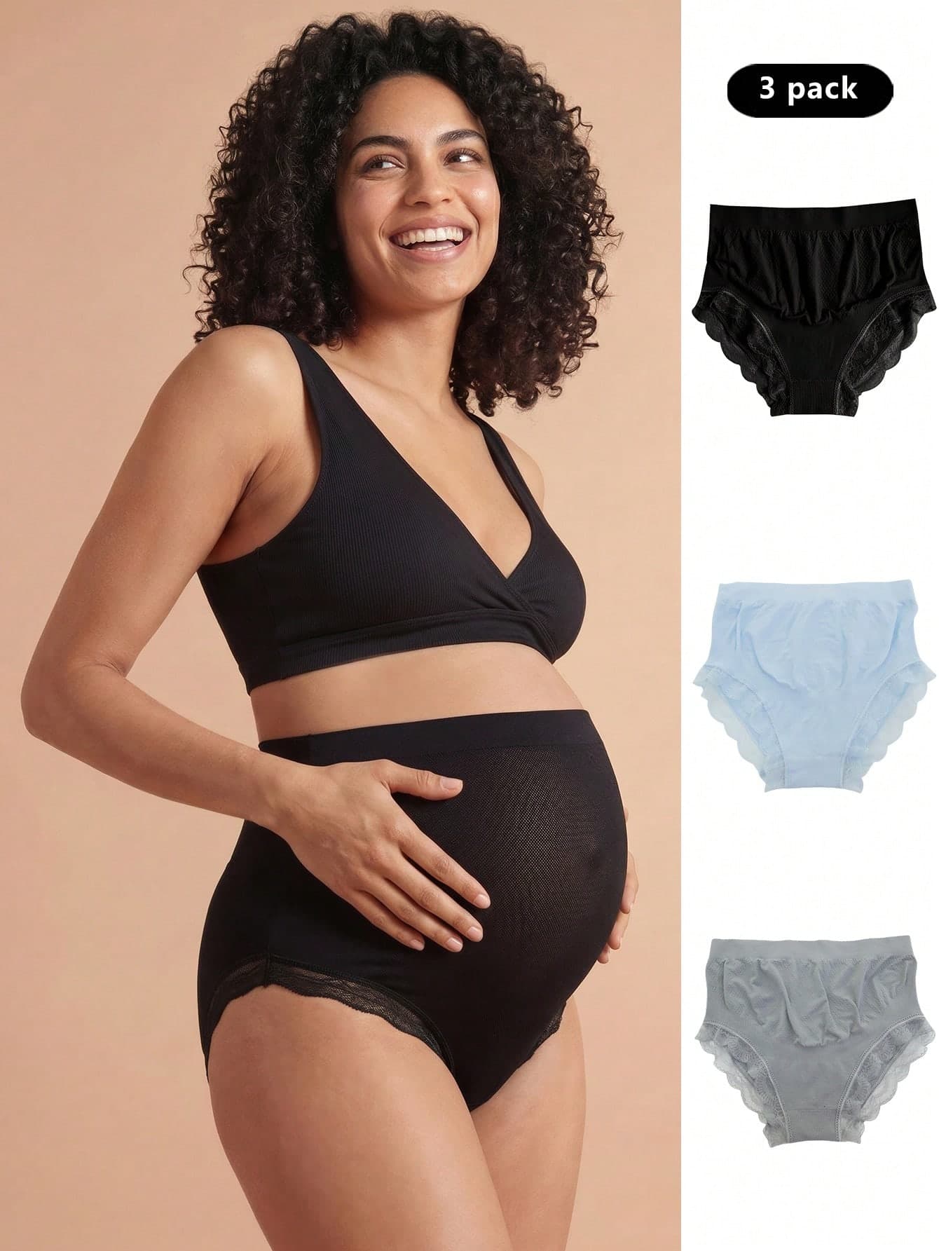 SHEIN 3pcs/Set Contrast Lace High-Waist Maternity Underwear Seamless
