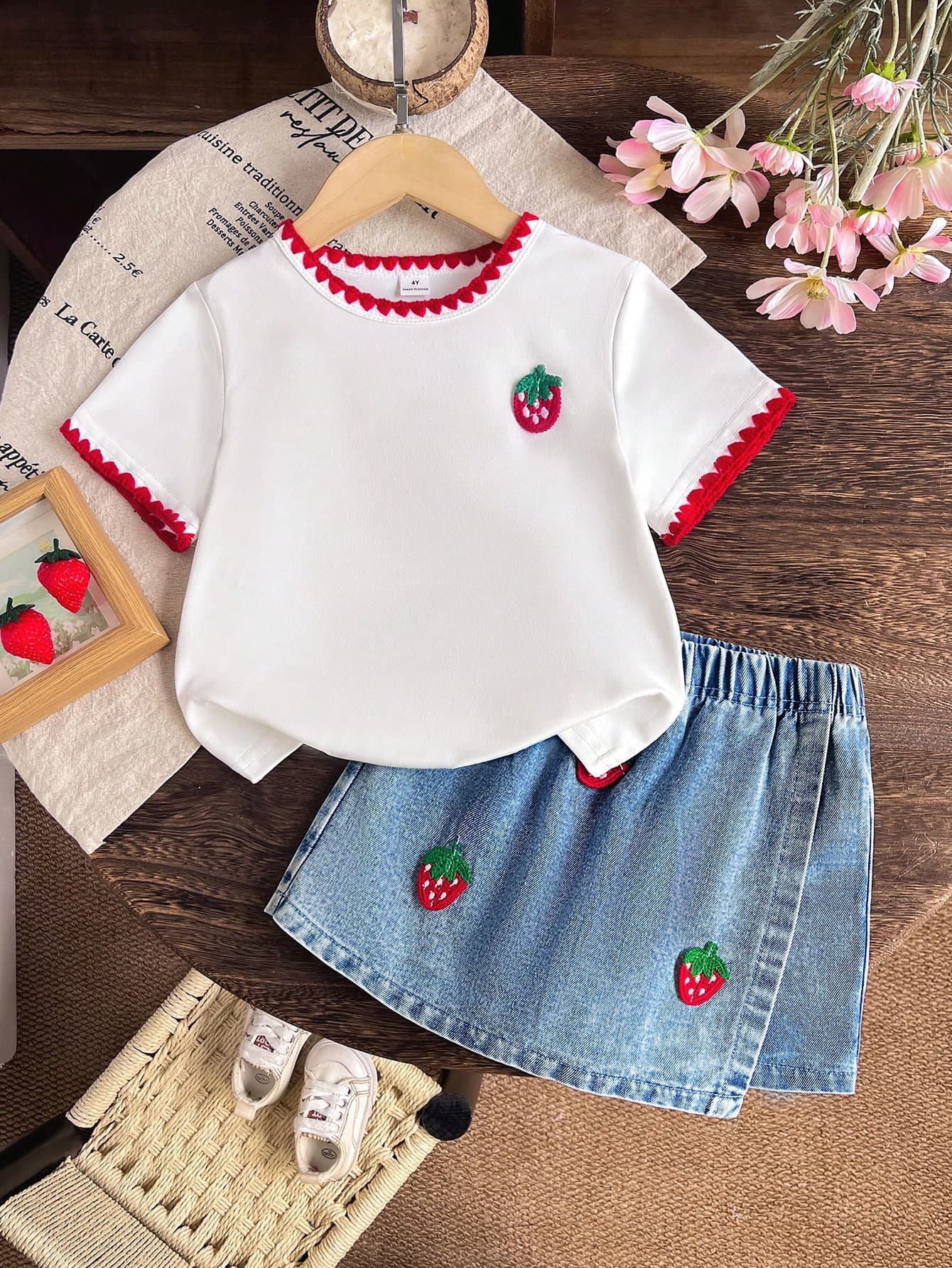 SHEIN Elladie kids Back To School Girls Casual Cute Round Neck Regular Shoulder Red Shell & Strawberry Patch T-Shirt And Solid Color Denim Skirt Shorts Set, 2 In 1 Shorts, Summer