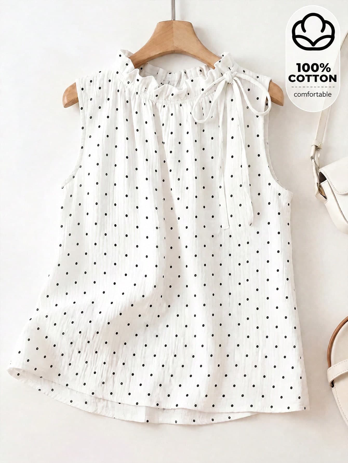 Linhara Plus Size Women's Summer New Pure Cotton Polka Dot Sleeveless Ruffle Design Frill Hem Stand Collar Tie Loose White Blouse, Elegant Casual Fashion Commute Office Wear