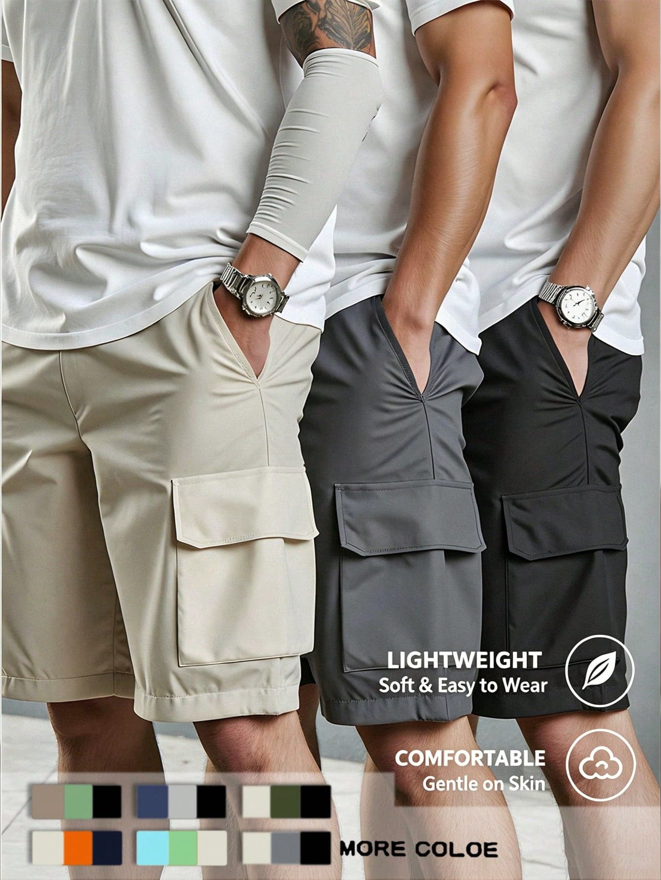 Manfinity Dauomo 3 Pcs Men's Summer Casual Solid Color Cargo Shorts Set