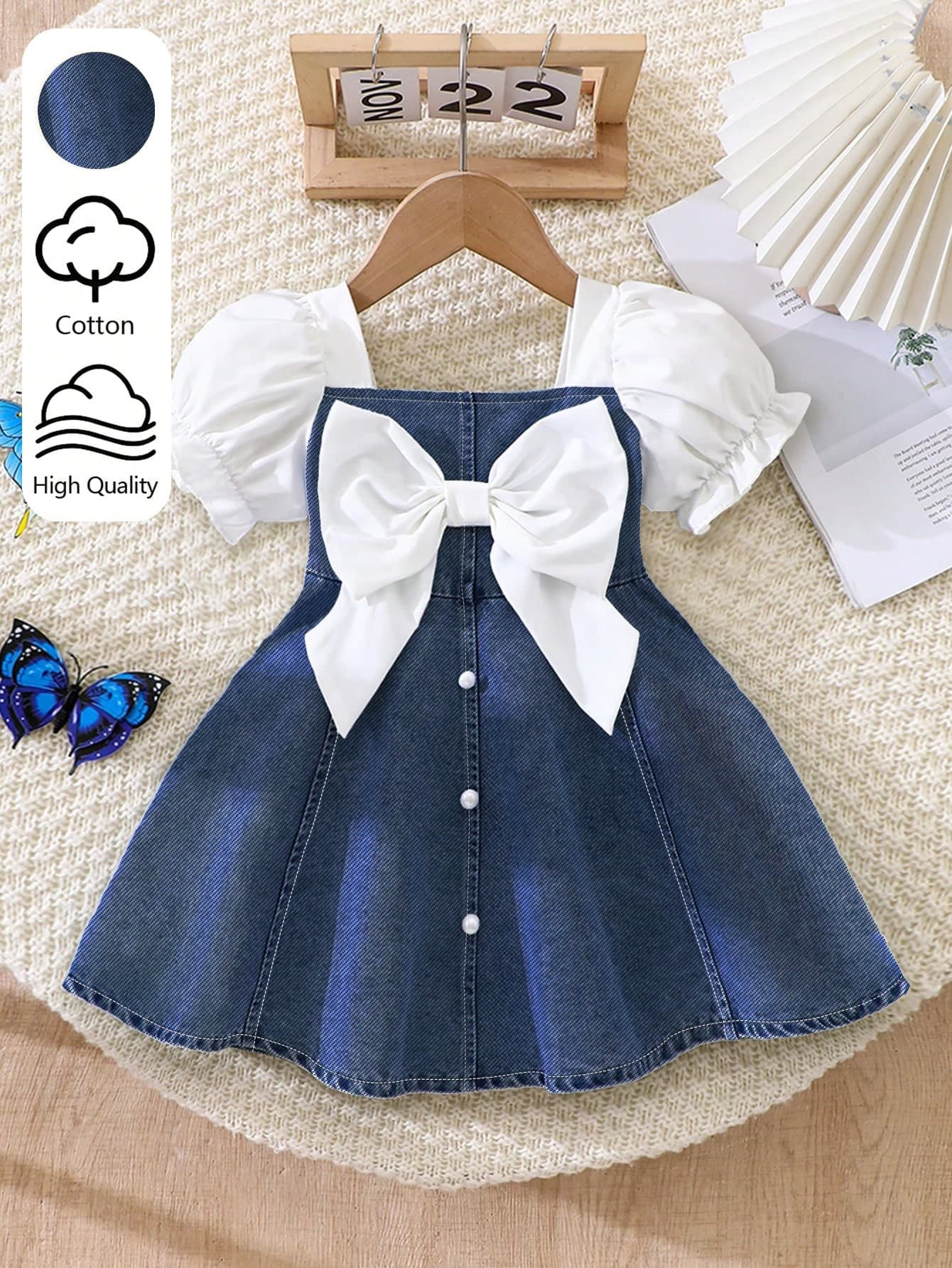 SHEIN Playful Pals Baby Girl Puff Sleeve Short Sleeve Bow Denim Dress, Square Neck Design, Paired With White Woven Fabric Short Sleeve Puff Sleeve, Classic Blue Denim Waist-Cinching Dress. White Large Bow Decoration On Chest; Elegant And Exquisite White Pearl Decorative Buttons On Front, A-Line Dress, Suitable For Baby Girl Cute And Playful, Casual Fashion, Comfortable Commute Wear, Suitable For Daily Vacation, Attending Parties And Holidays, Suitable For Party Attire, Practical Fashion, Island Style, Beach Weekend, Summer Wear