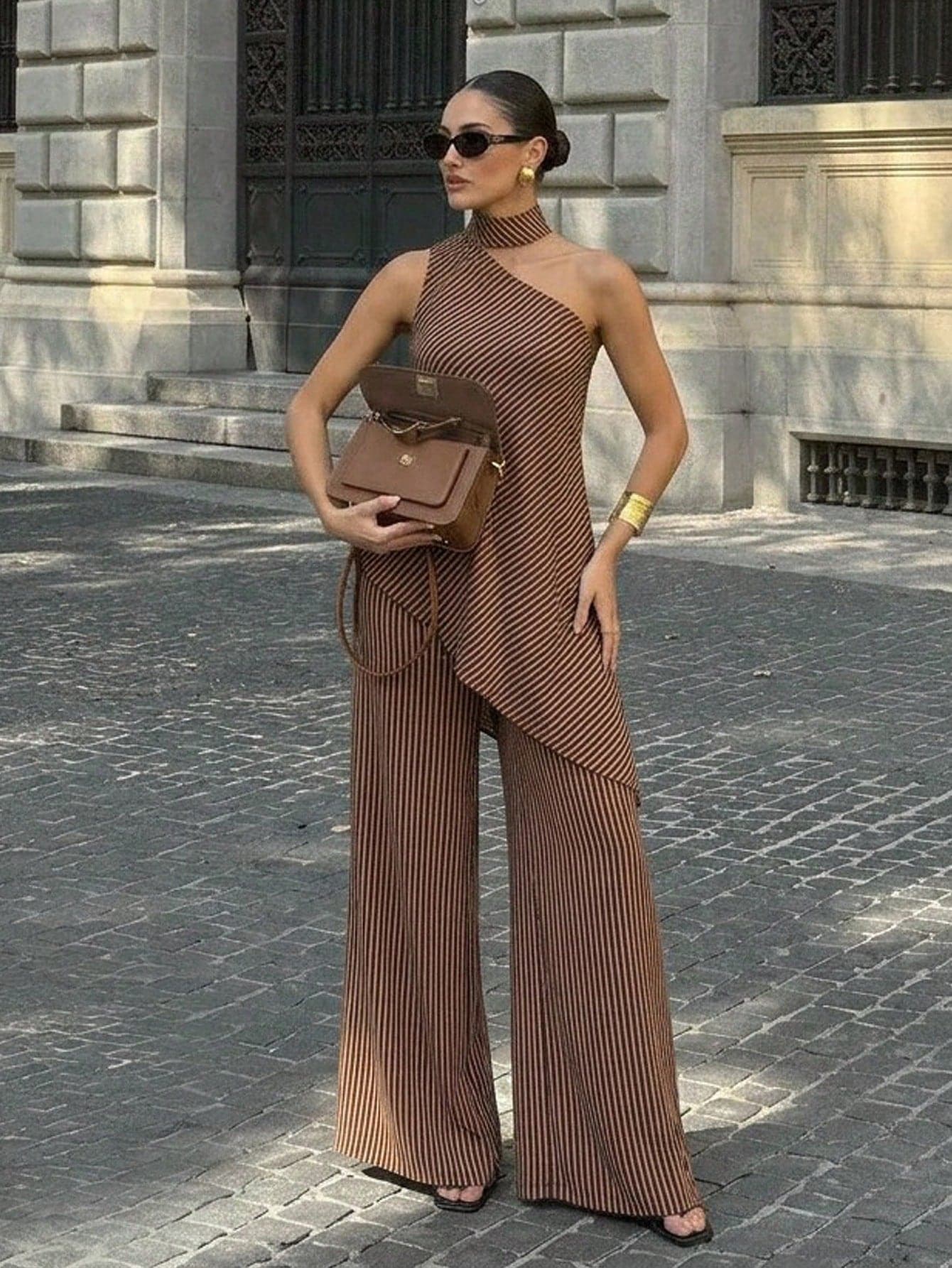 Firerie Brown Striped Neckless Sleeveless Top And Long Pants Set Light Weight One Shoulder Pallazo Pants Festival Outfits Bussines Casual Summer Going Out