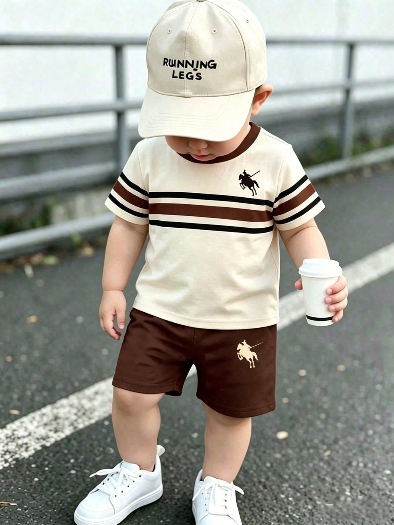 Souflis Souflis Baby/Toddler Casual Khaki Classic Colorblock Striped Knight Logo Print Crew Neck T-Shirt And Matching Printed Shorts Set, Sports Outdoor Leisure