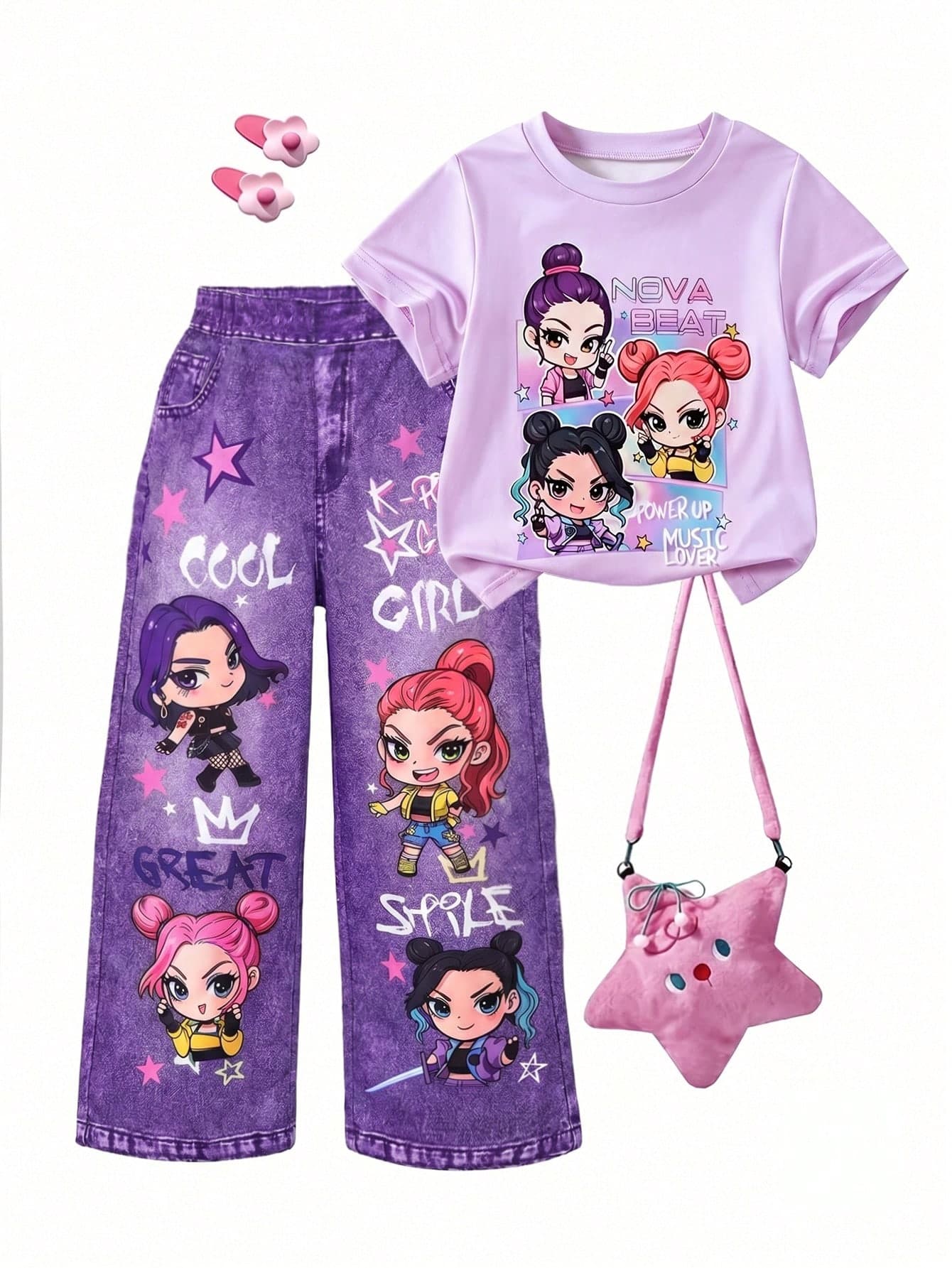 SHEIN Sparklyn Girls' 2-Piece T-Shirt Set, Purple Short Sleeve Round Neck T-Shirt With Cute Cartoon Anime Print,  Straight Leg Long Pants