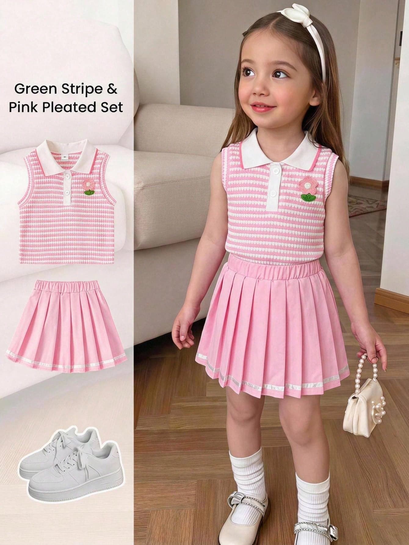 Elladie kids Girls 2pcs Set Academy Style Striped Lapel Sleeveless Tank Top And Pleated Skirt With Ribbon Trim, Suitable For Summer Back To School