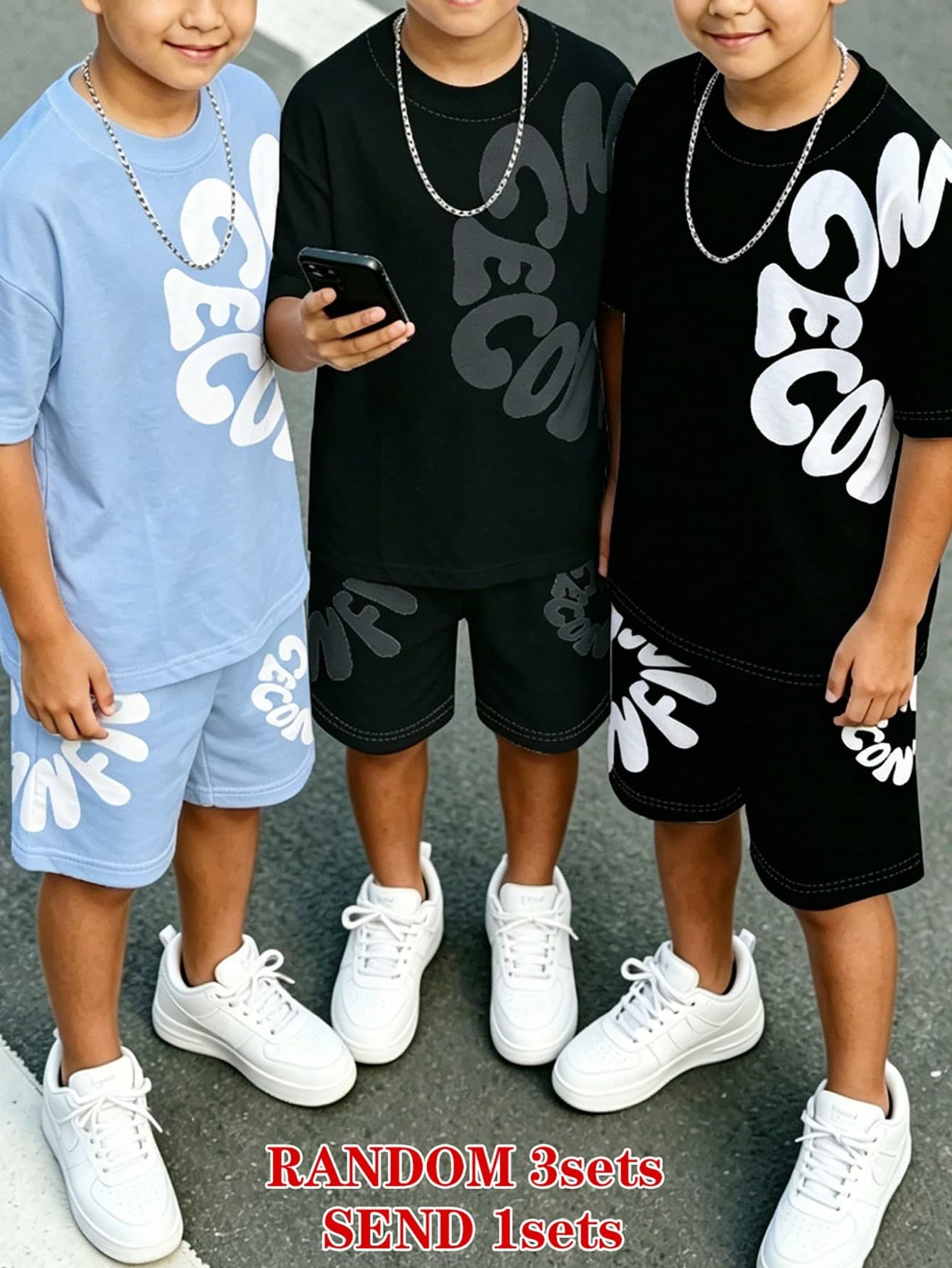 Random 3 Sets Get 1 Set Summer Fashion New Boys Outfit, Personalized Artistic Side Letter Print Short Sleeve & Shorts 2 Pieces Set