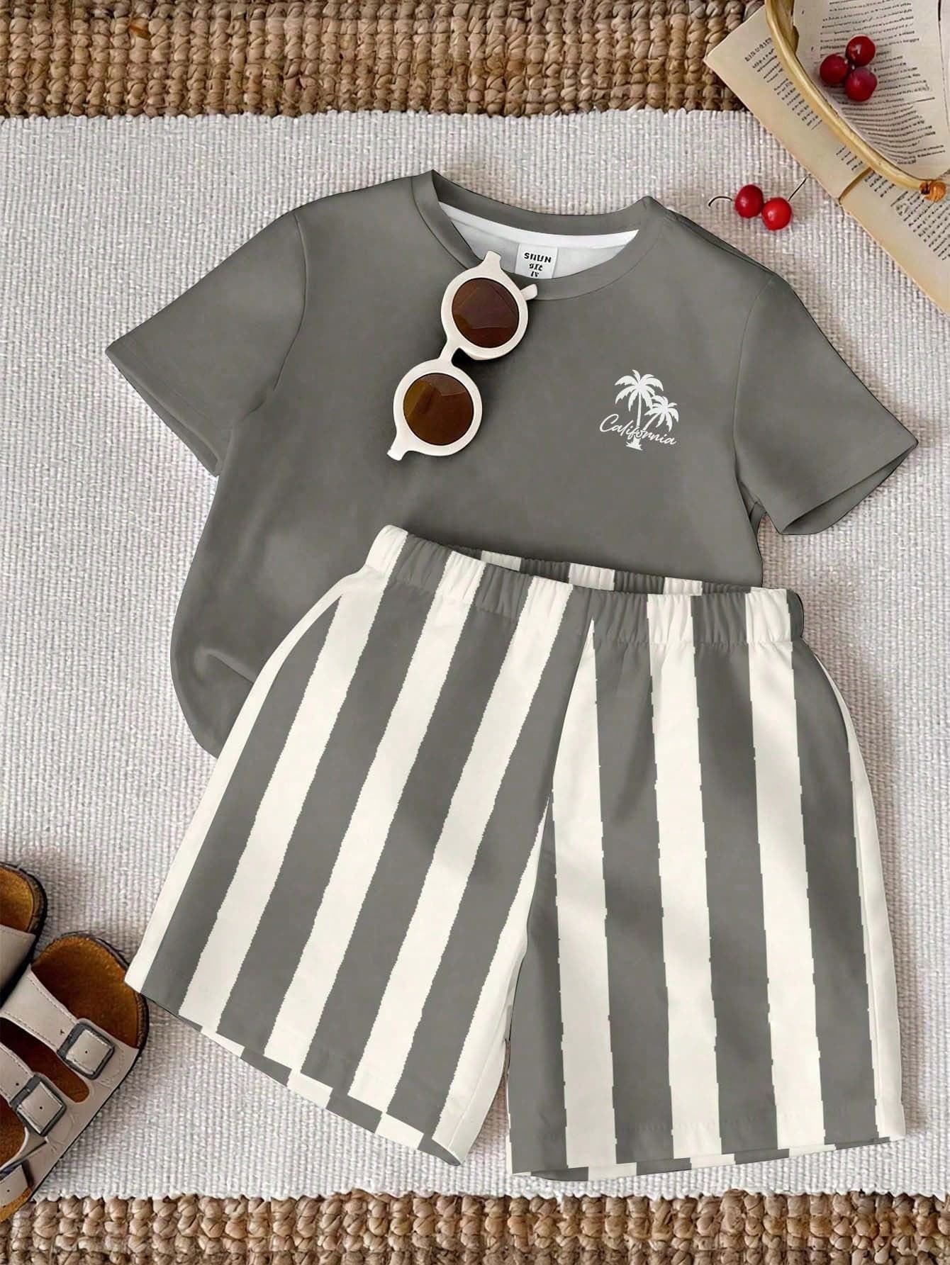 Young Boy Casual Minimalist T-Shirt Set, Classic Cool Striped Pattern Print, Classic Palm Tree Pattern Print, Classic Vacation City California Text Pattern Print, Suitable For Vacation, Suitable For Beach, Suitable For Spring And Summer