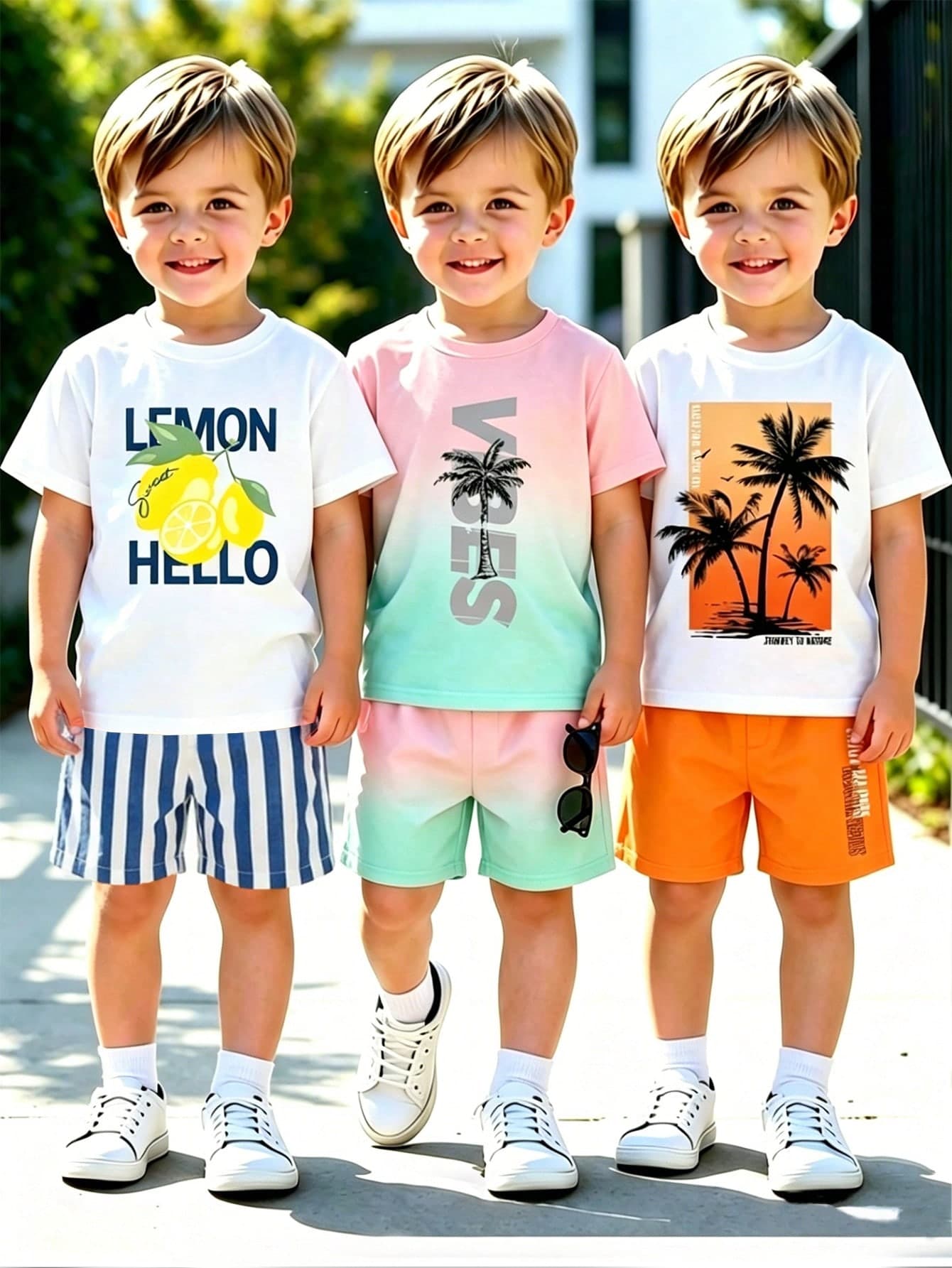 Genkimix Kids 6pcs Young Boy Casual Sports College Street Style Cute Cool Three-Color Block Letter Short Sleeve + Shorts, Suitable For Daily Wear, School, Travel, Sports, Spring And Summer Seasons, Overall Design Is Simple And Elegant, Presenting A Casual Fashion Image. This Children's Clothing Set Will Be A Practical And Fashionable Choice For Boys' Wardrobe