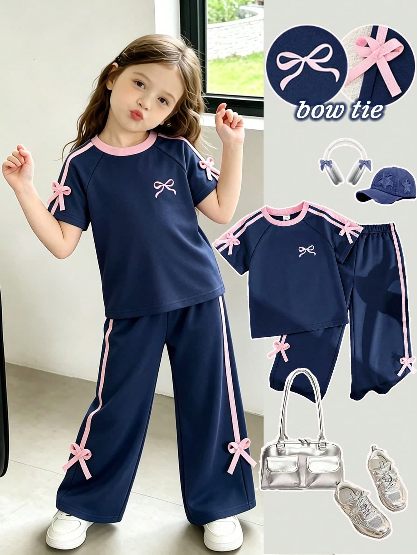 SHEIN Playful Pals Young Girls Spring/Summer Casual New T-Shirt Set, Double-Stripe Sleeve With 3D Bow Decor, Round Neck Raglan Sleeve T-Shirt Top, Paired With Casual Long Pants, 2-Piece Set Suitable For Daily Wear, School, Outings, Vacations, Sports, Parties, Holidays, Spring/Summer Outfits