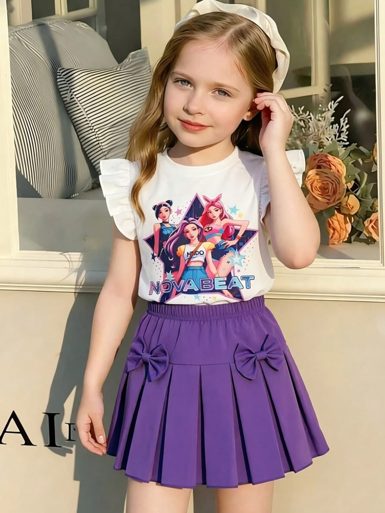 Girls' 2-Piece Set: Knitted Cartoon Print Round Neck Flutter Sleeve T-Shirt Top And Purple Woven Plain Elastic Waist Skirt With 2 Bows Decoration, Suitable For Spring/Summer Daily Wear, Travel, Vacation And Party