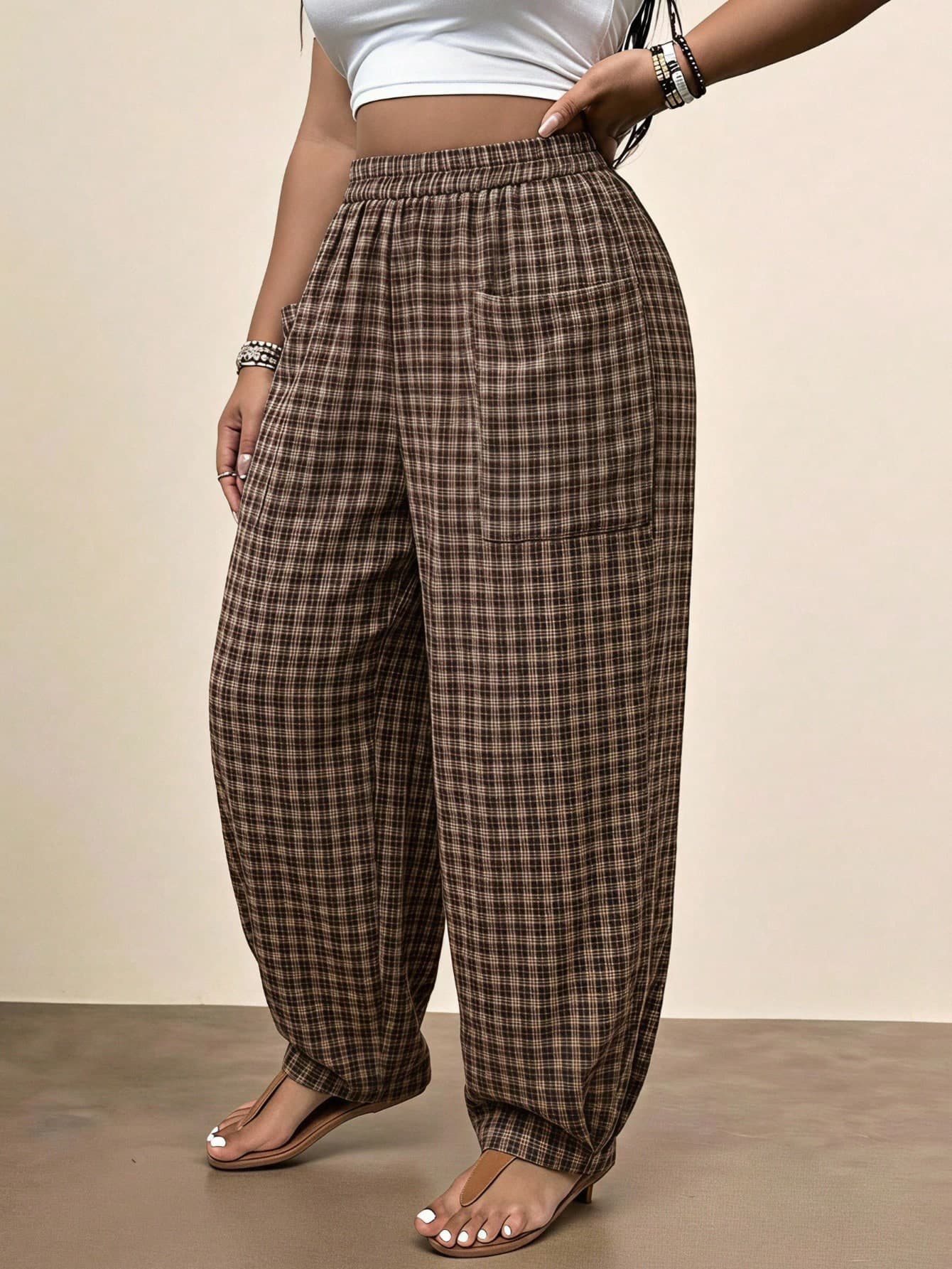 Freevana Women's Plus Size Chocolate Brown Plaid Long Pants With Pockets Tapered Leg Loose Casual 90s Trousers For Spring Summer Early Autumn Back-To-School