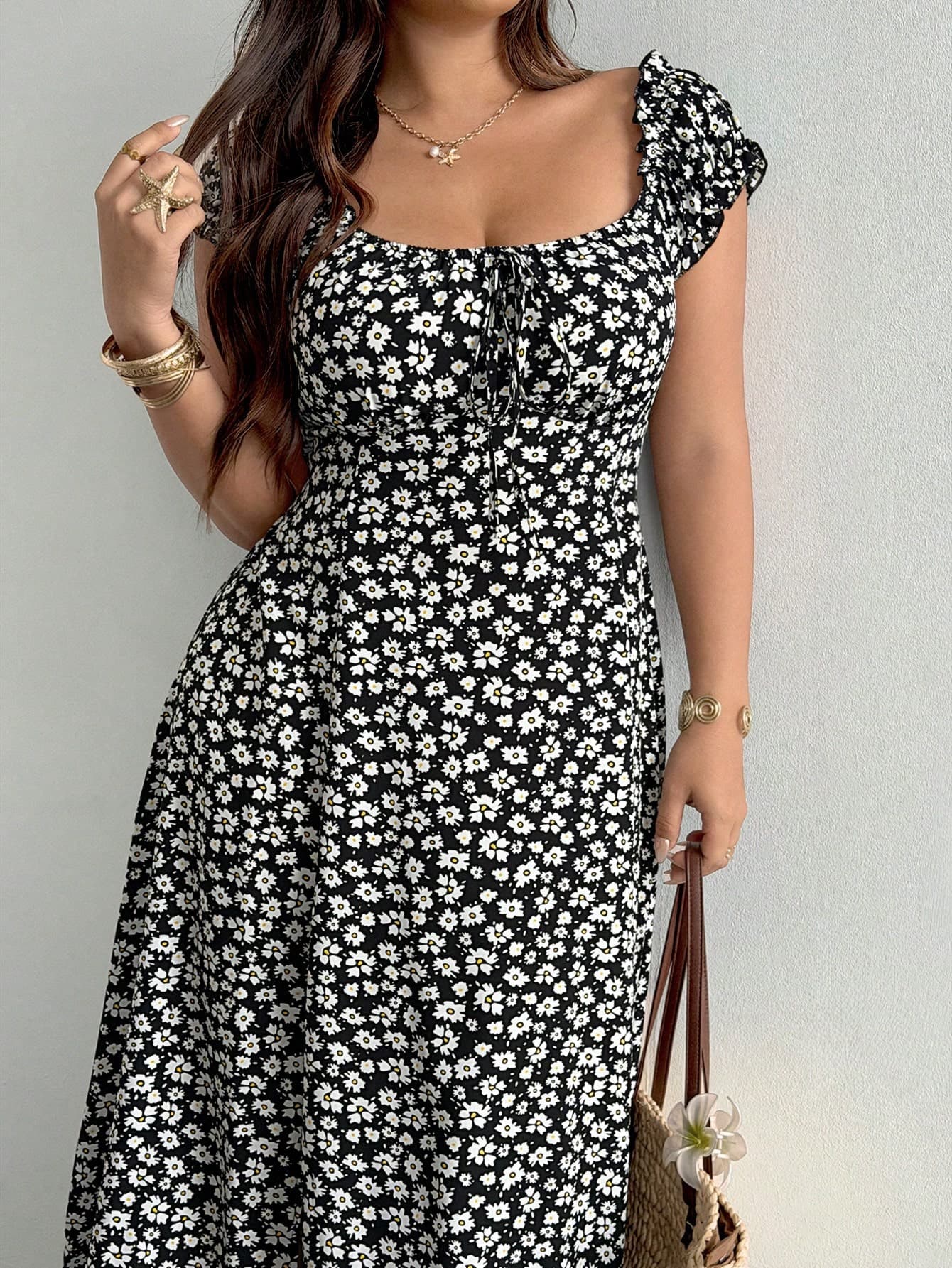 Sunnyshic Plus Size Fashionable Small Floral Print Petal Sleeve Cinched Waist Summer Women's Dress
