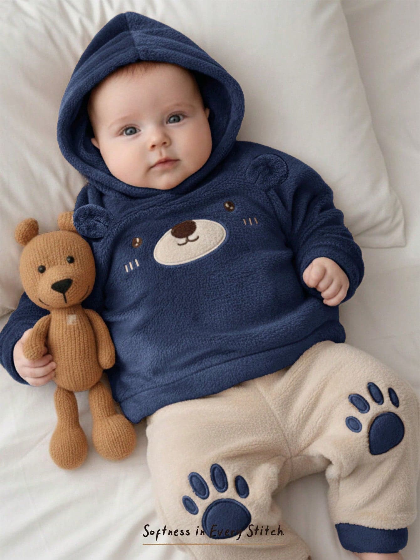 Cozy Pixies Baby Boy Cartoon Bear Pattern Fleece Lined Thick Crew Neck Long Sleeve Pullover Autumn Winter Top And Elastic Waist Long Pants 2-Piece Set