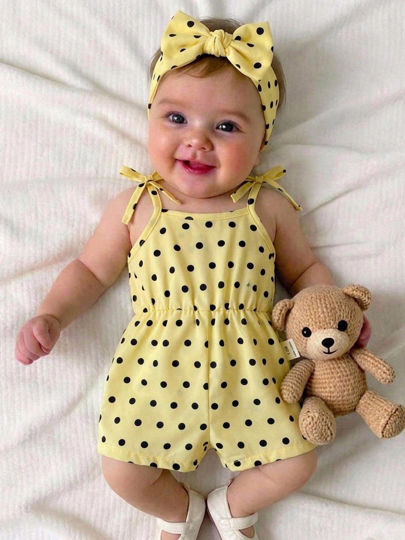 SHEIN Newborn Baby Girl Cute Summer Casual Polka Dot Pattern Spaghetti Strap Romper