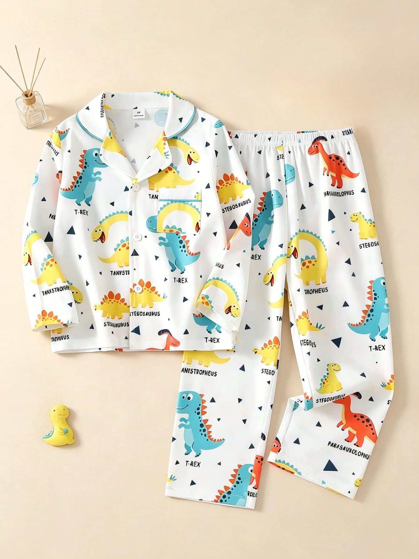 Boys Dinosaur Print Open Front Lapel Long Sleeve Pants Button Casual Pajama Set Loungewear