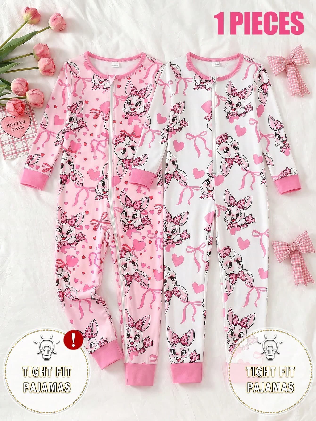 Toddler Girls Sweet Cute Elegant Casual Daily Comfortable Home Fun Fashion Classic Playful Soft Skin-Friendly High Elasticity Fitted Knit Fabric Pink Rabbit Leopard Bow Cartoon Pattern Patchwork Solid Color Pink Cuffs And Ankles Round Neck Zipper Long Sleeve Long Pants Jumpsuit Fitted Loungewear