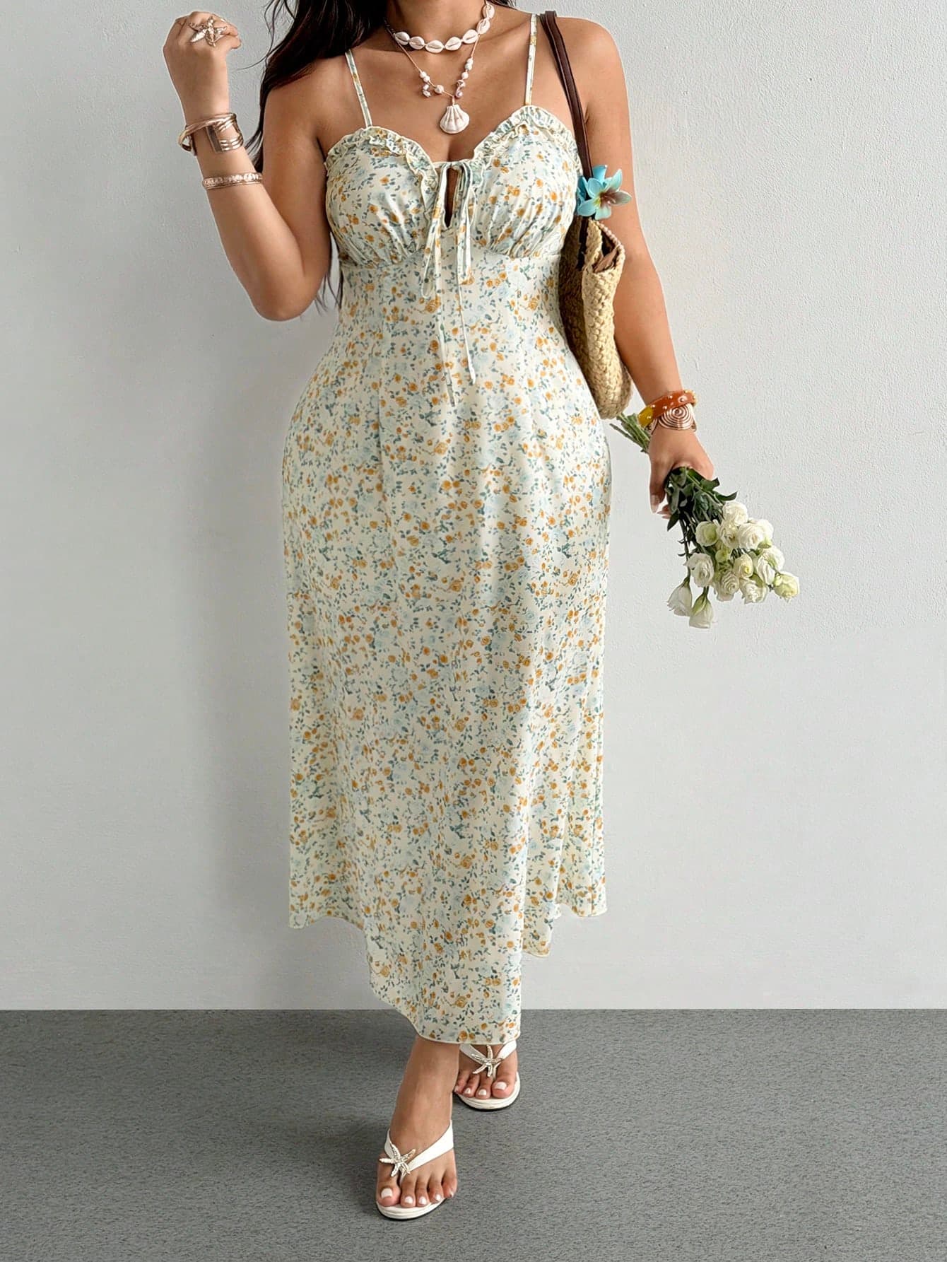 Sunnyshic Plus Size Women's Ditsy Floral Pleated Casual Summer Travel Spaghetti Strap Dress