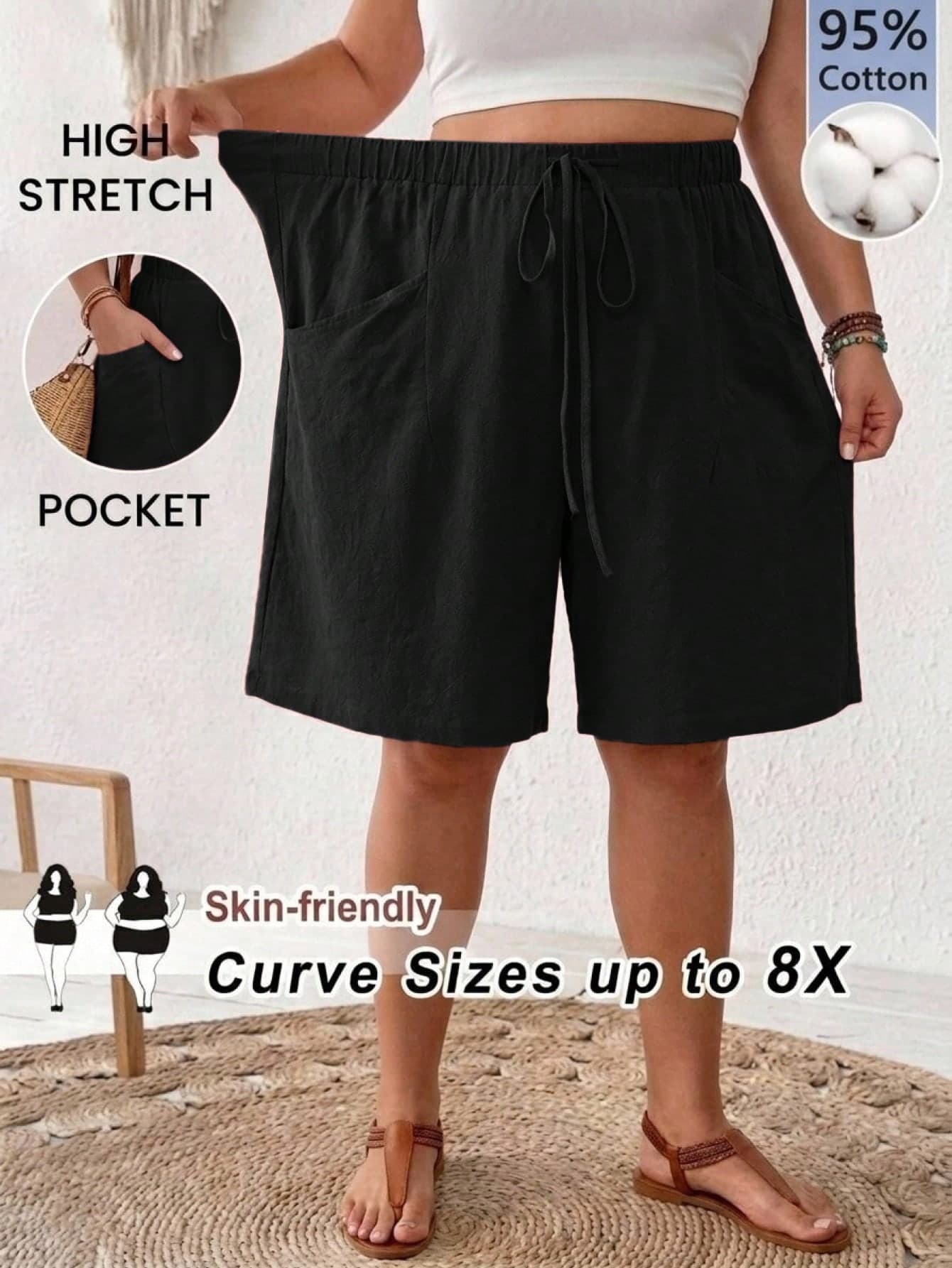 SHEIN CURVE+ Plus Size Women Solid Color Drawstring Waist Casual Versatile Shorts
