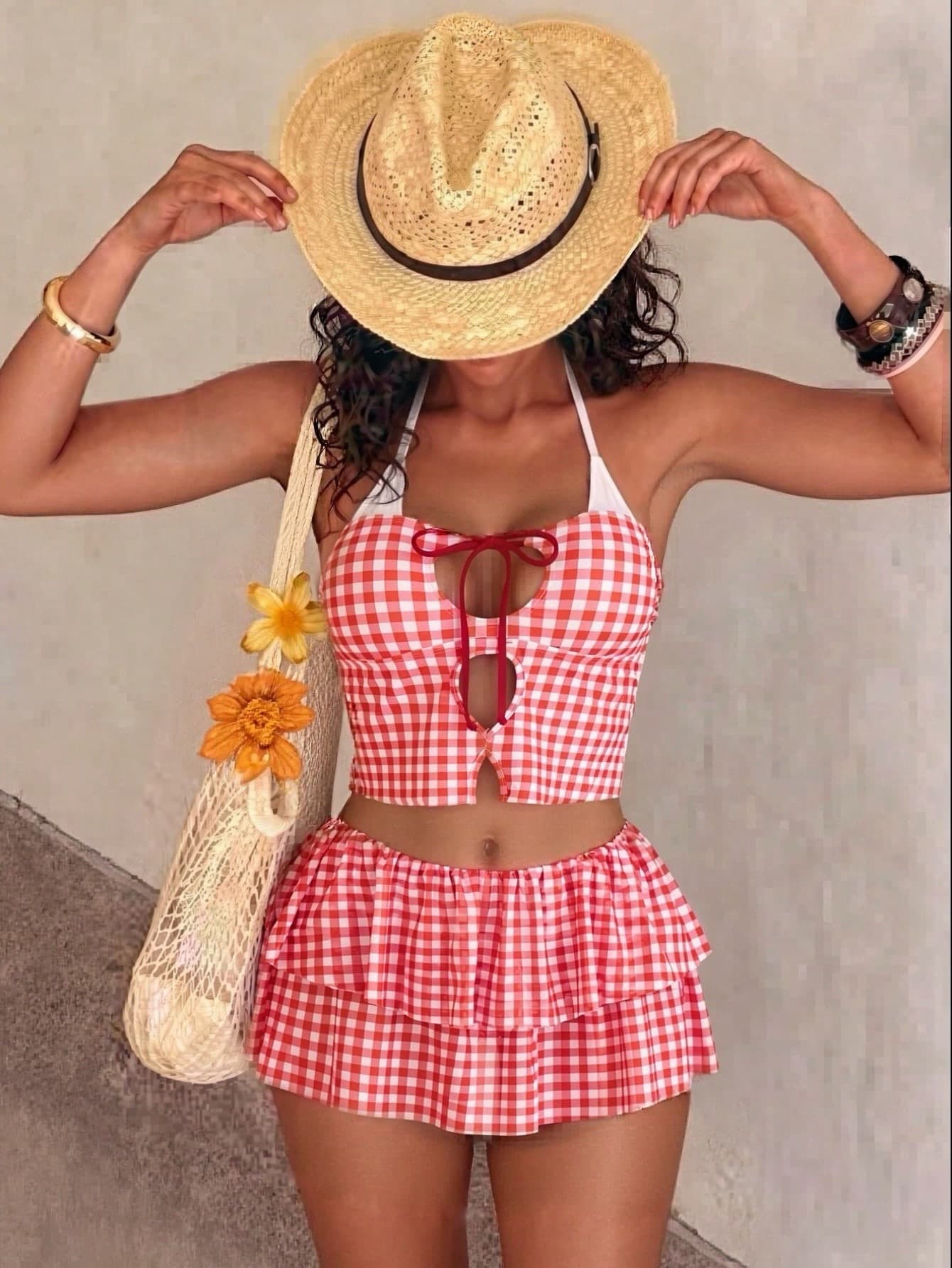 Bonvoyette Two-Tone Striped Print Random 2 In 1 Set Spring Summer Beach Outfit Tie Bow Cake Skirt Cami Top Bikini Set
