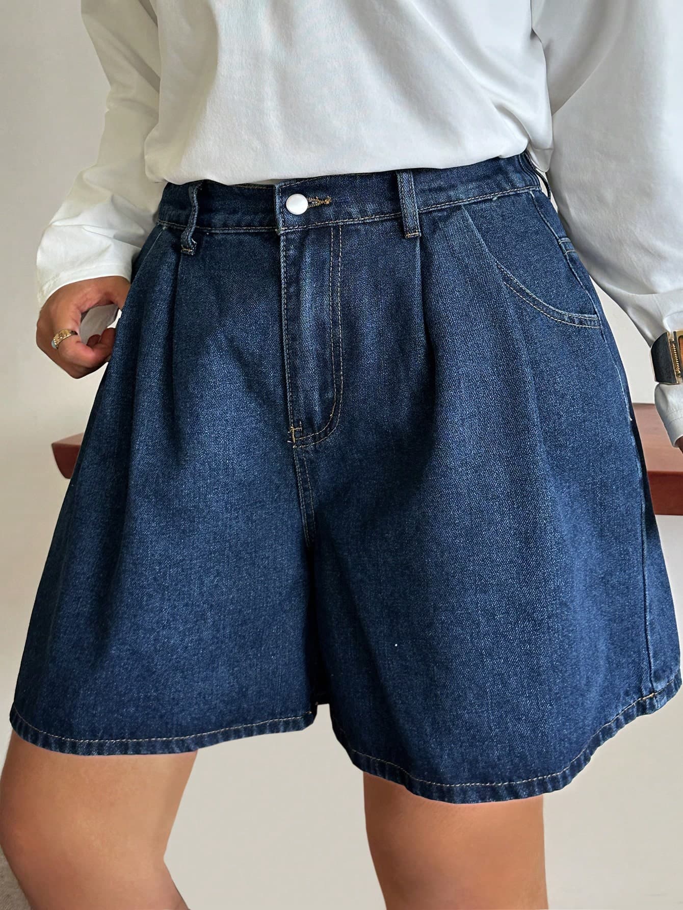 Dazy Plus Dark Wash Blue A-Line Wide Leg Denim Shorts, Solid Color, Plus Size Women's Spring Summer Casual Denim Shorts For Girls