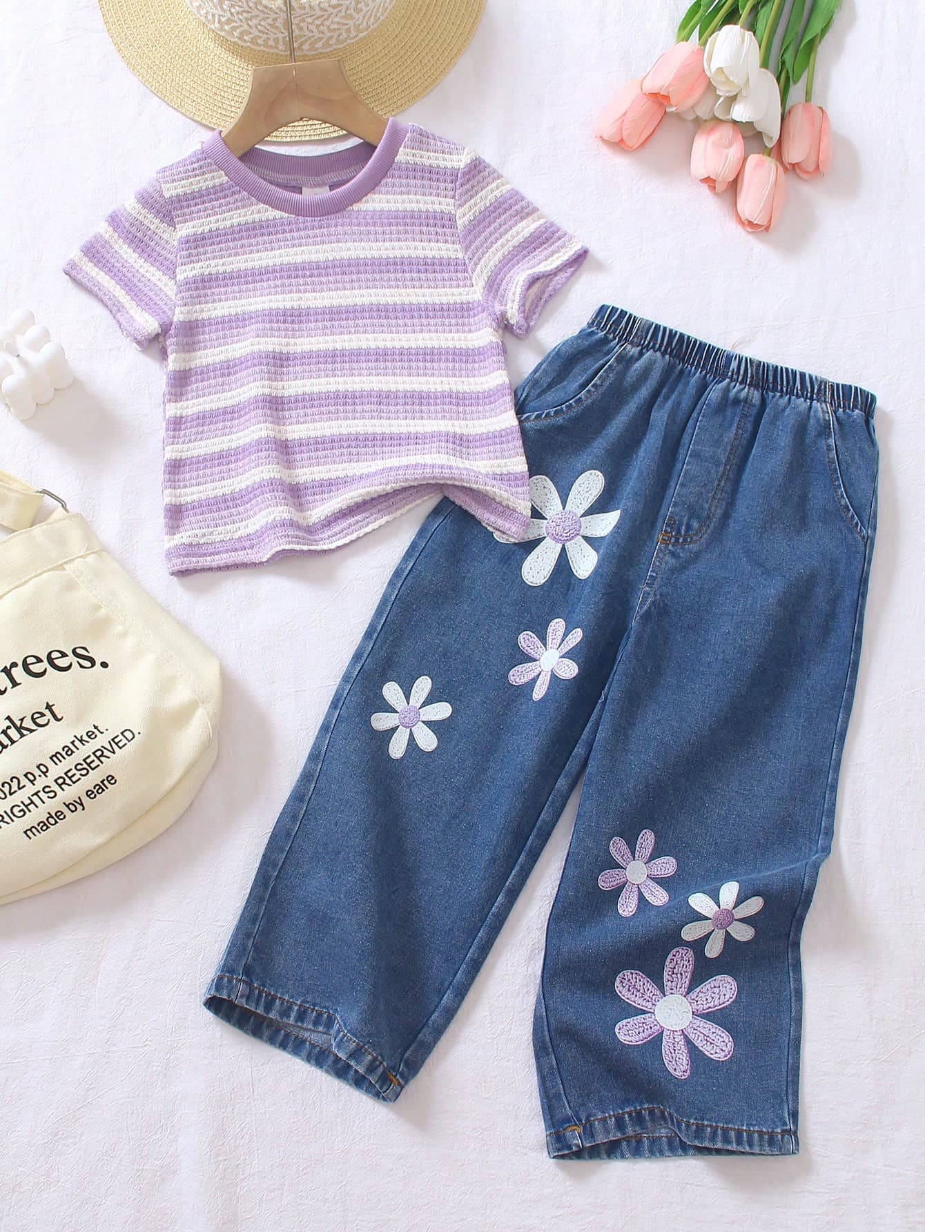 SHEIN Elladie kids Young Girls Spring/Summer New Casual Fashion T-Shirt Set, Purple Knit Striped Textured Fabric Round Neck Short Sleeve T-Shirt Top And Blue Casual Fashion Denim Long Pants With Front Floral Foil Print Decoration, 2-Piece Set, Suitable For Young GirlCute, Playful, Comfortable, Casual Fashion Sweet Cool Outfit, Suitable For Daily Wear, School, Outings, Vacations, Parties, Holidays