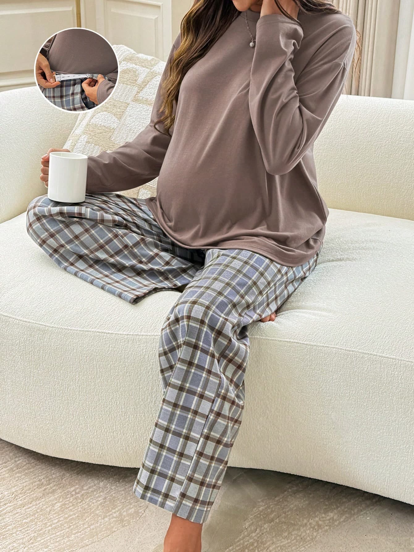 Slowluna Maternity Solid Color Round Neck Drop Shoulder Long Sleeve Top And Adjustable Waist Plaid Pants Casual 2-Piece Set