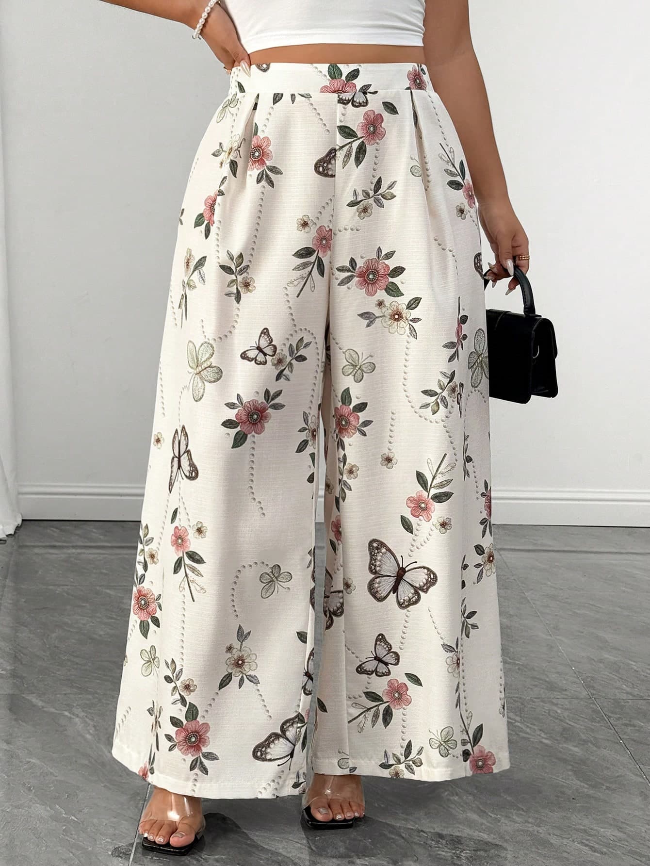 Vionelle Plus Size Woven French Style Faux Embroidery Print Cinched Waist Straight Leg Casual Boho Commute Tea Party Vacation Wedding Guest Pants Pink Autumn