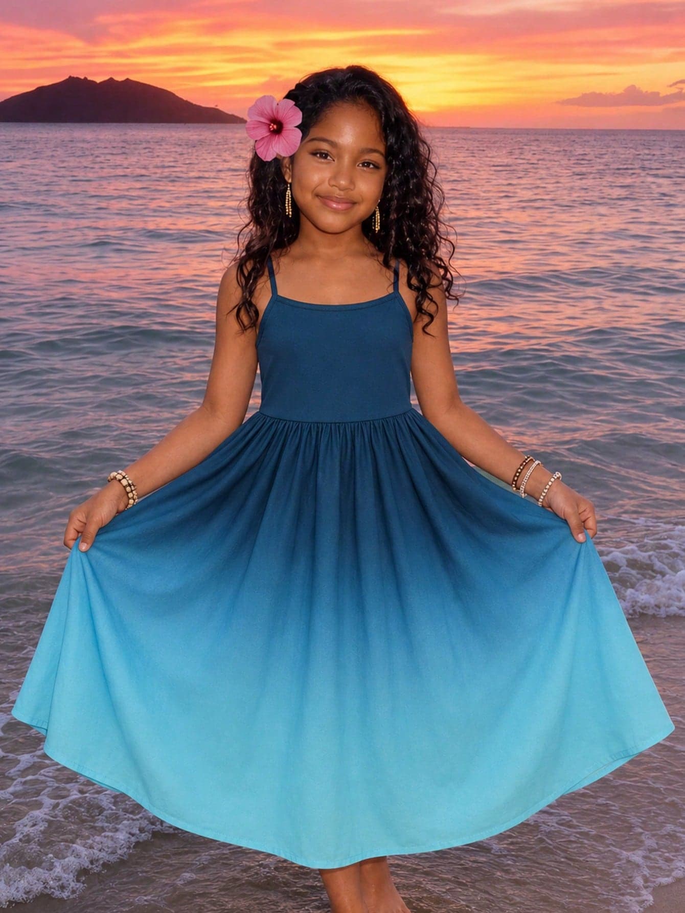 SHEIN Sparklyn Tween Girl Clothes Vacation Fresh Blue Gradient Cami Dress Squishy Soft Fabric/Sundress/Summer Dresses/Beach Dress/Vacation