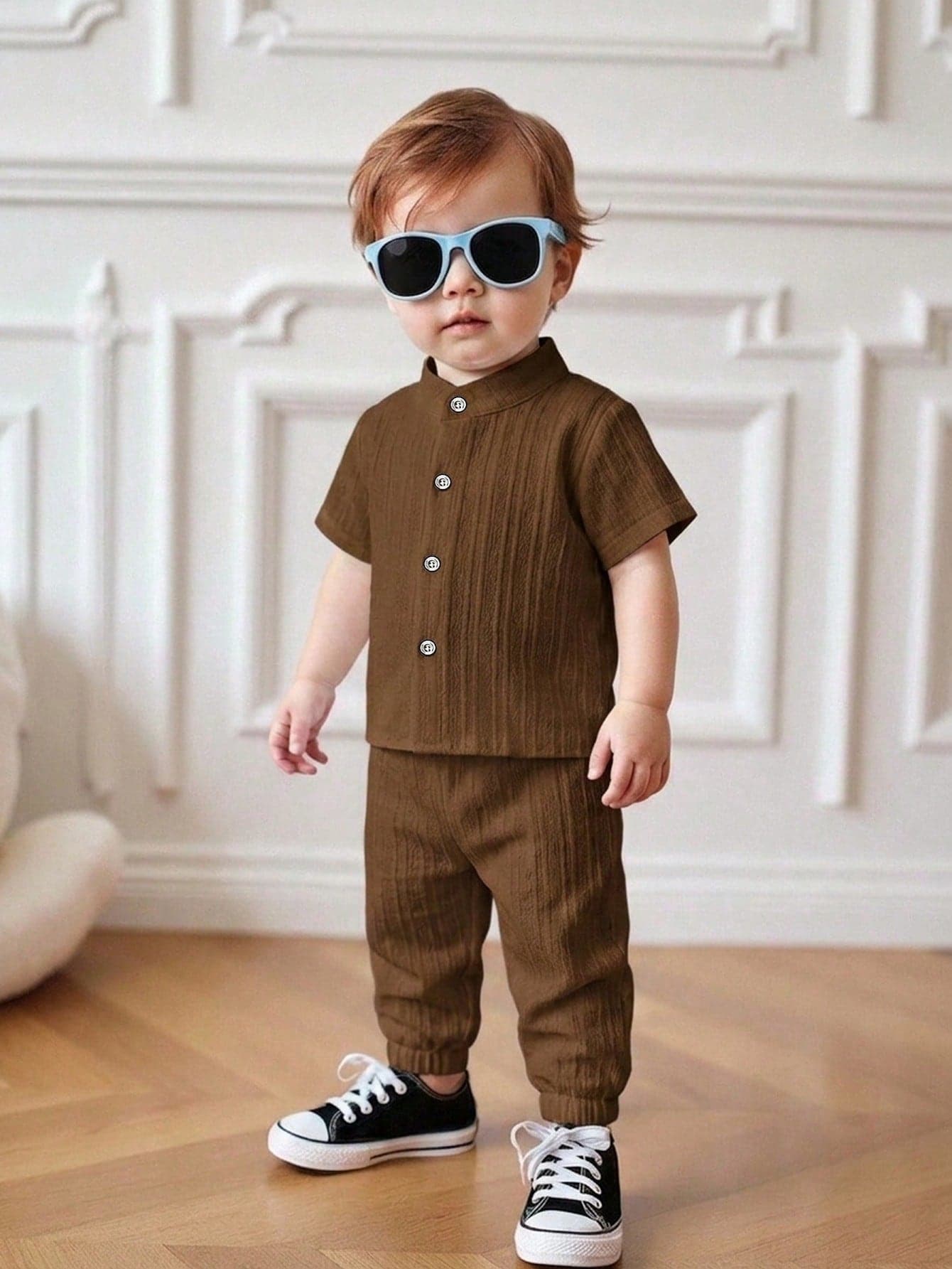 Souflis Souflis 2pcs Toddler Baby Boy Kids Chic Casual Solid Textured Short Sleeve Button Down Soft 2 Piece Sets Outfit Shirt Pants Clothes Beach Holiday Summer
