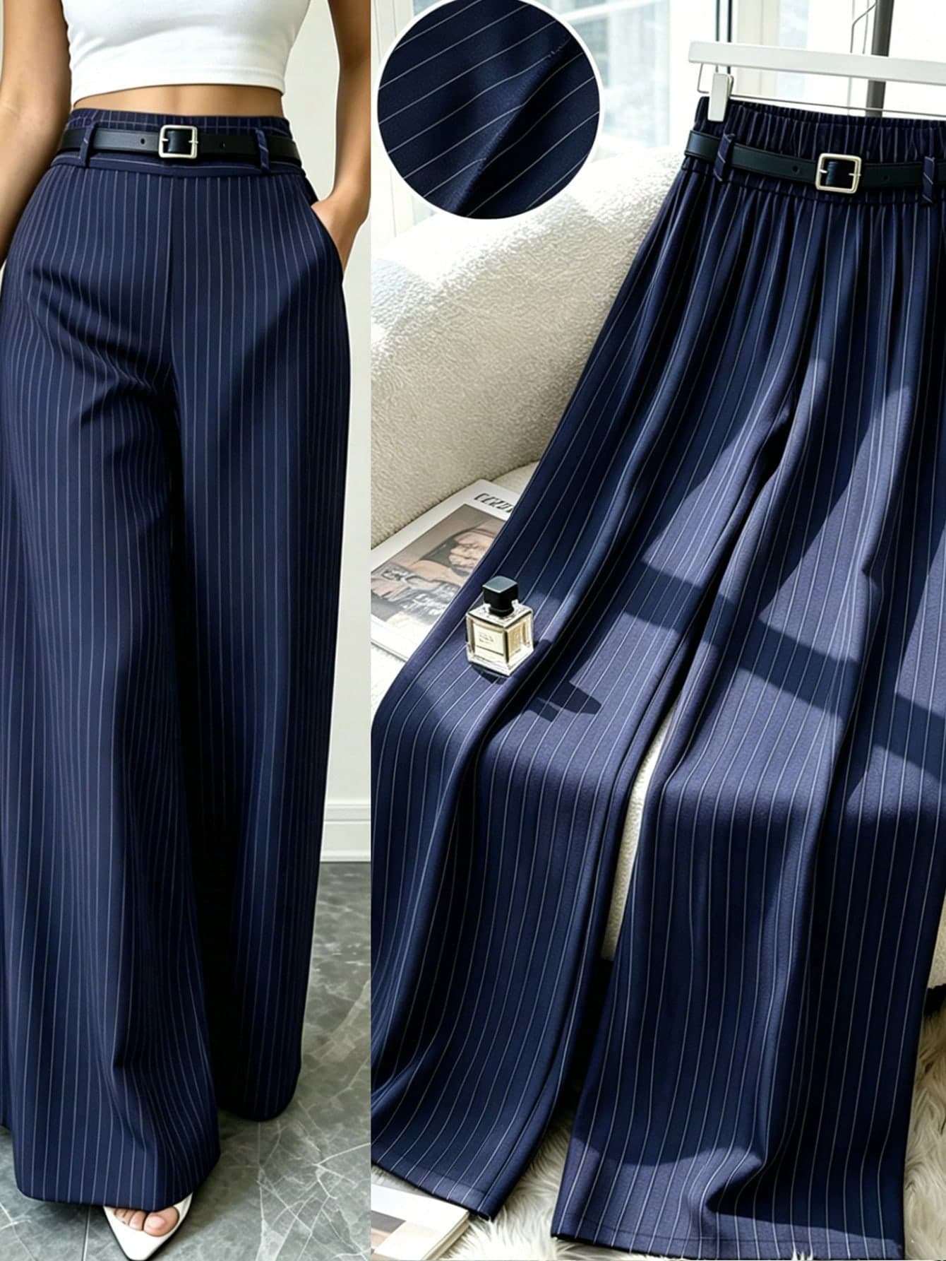 GlowEve CURVE Women's Plus Size Spring/Summer Striped Pocket Wide Leg Loose Long Pants