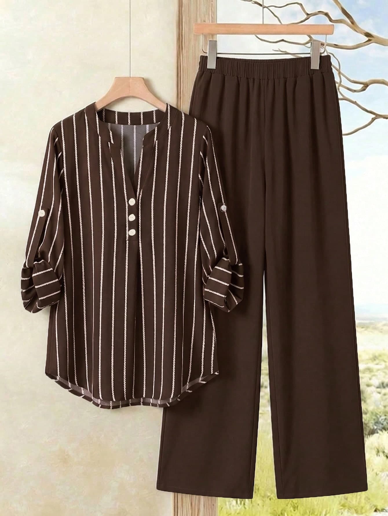 Rusticease Women's Summer Casual Striped Shirt And Solid Color Pants 2 Pieces Set