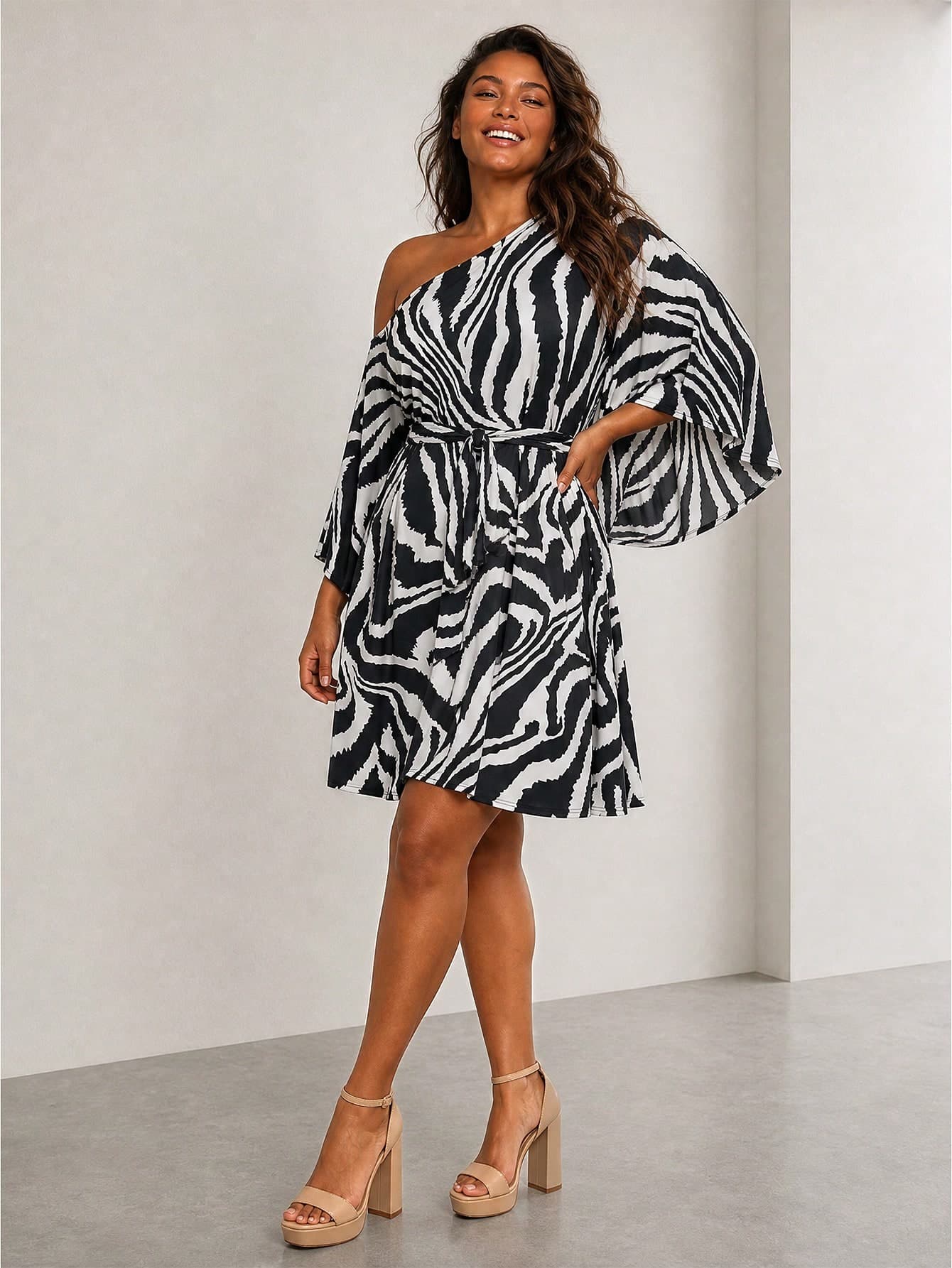 ELLERISSA Curve Zebra Print One Shoulder Mini Dress,Plus Size Elegant Flowy Slinky Summer Outfits For Women,White,Autumn,Classy,Night Out Club,Party