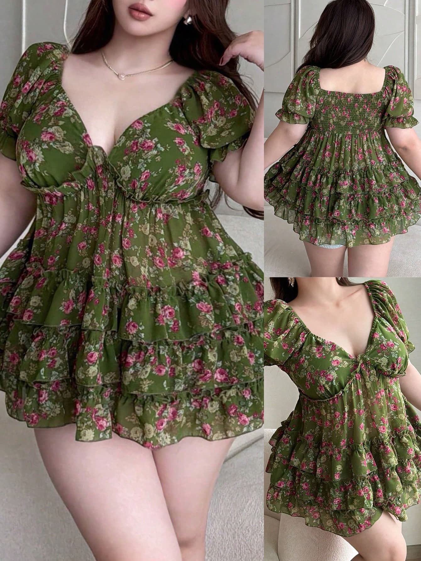 Vibekara Plus Size Women's Sweetheart Neckline All-Over Print Pleated Blouse Suitable For Vacation