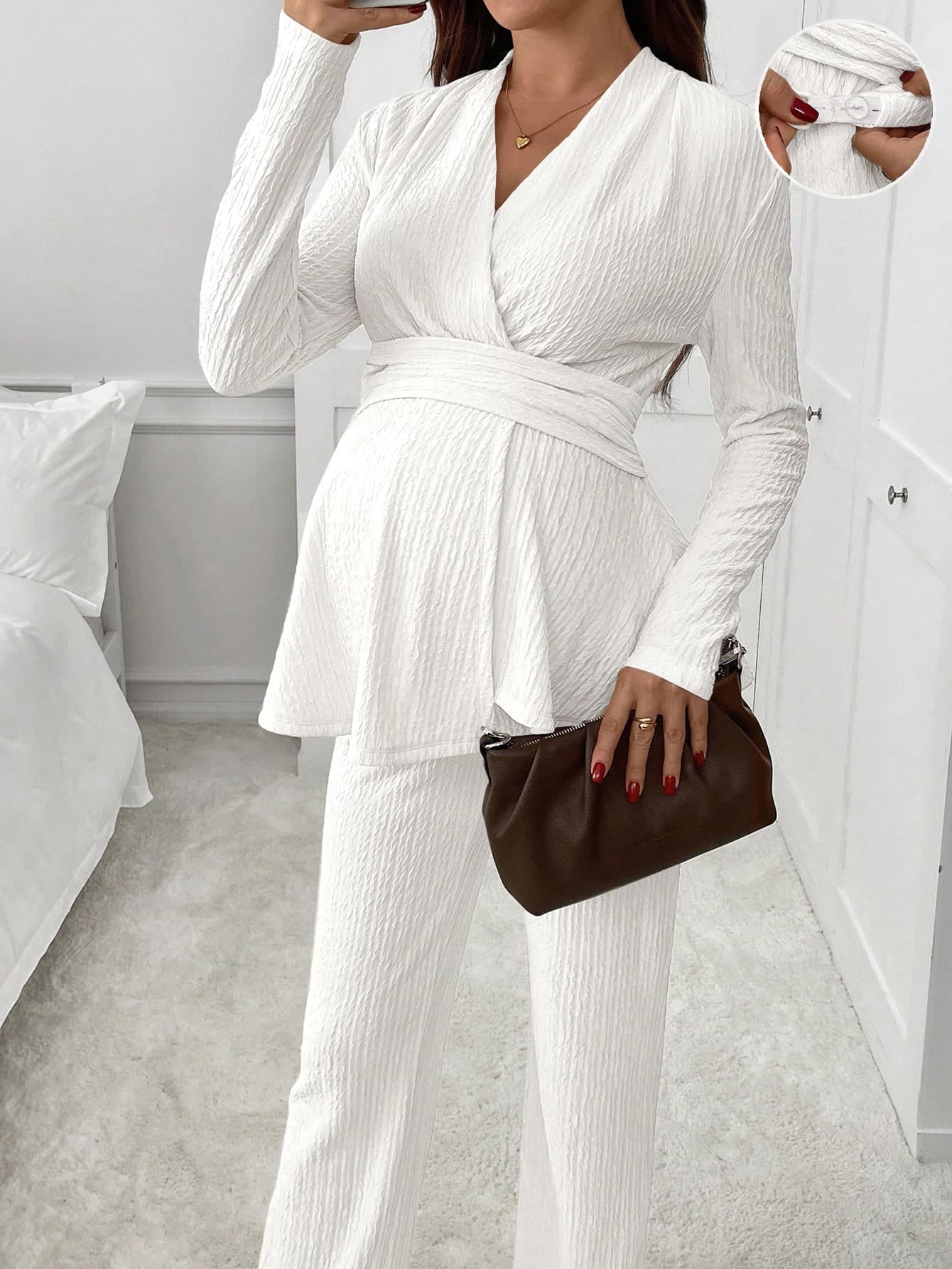 SHEIN Maternity Solid Color Overlap V-Neck Long Sleeve Top And Adjustable Waist Pants Casual 2-Piece Set Fall