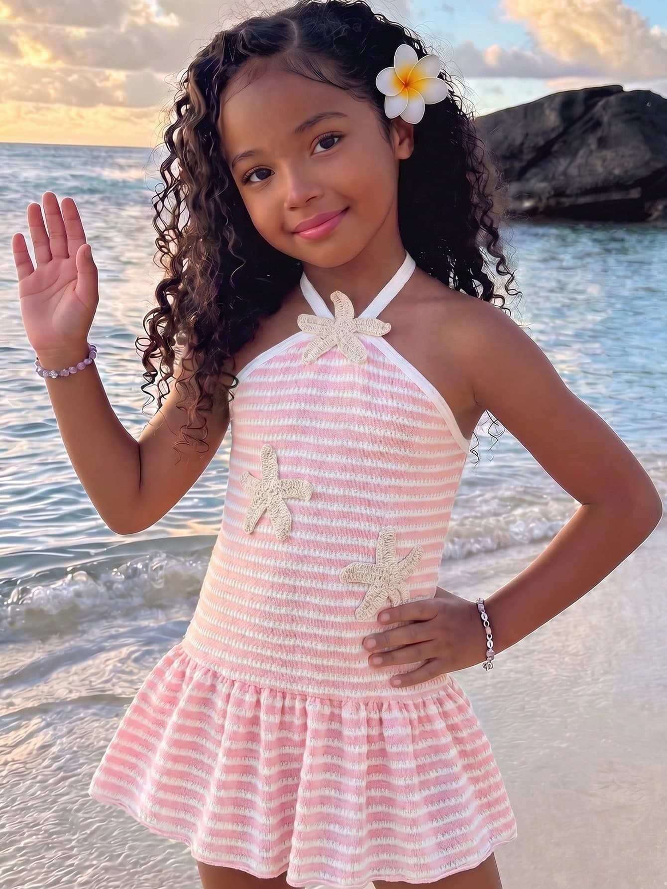 SHEIN Elladie kids Girls YK2 Summer Korean Style New Sweet Spaghetti Strap Backless Rainbow Striped Cute Vacation Dress