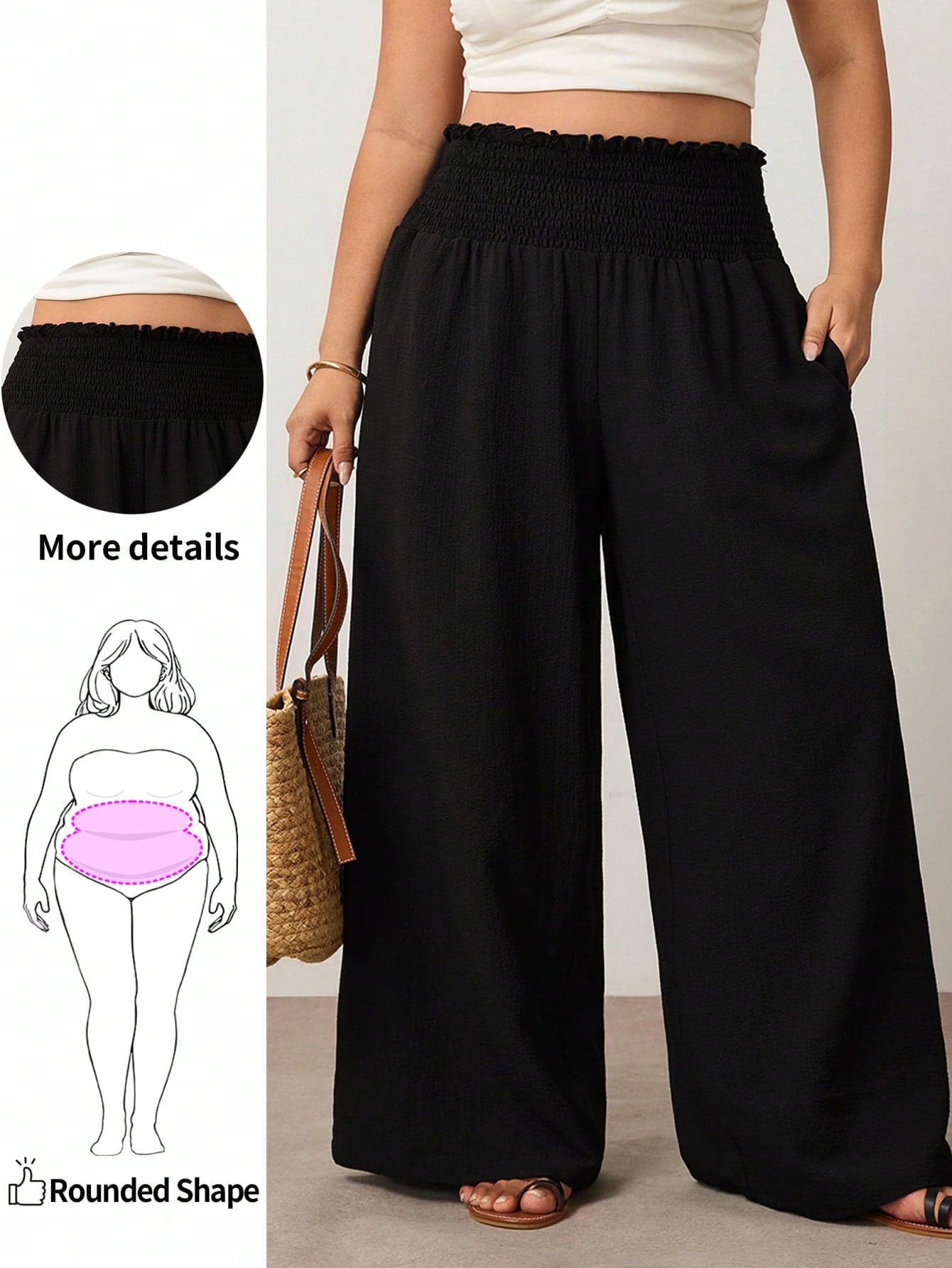 Enliva Plus Size Women's Solid Color Ruffle Elastic Waist Wide Leg Loose Casual Pants, Suitable For Daily Casual, Commuting Wear