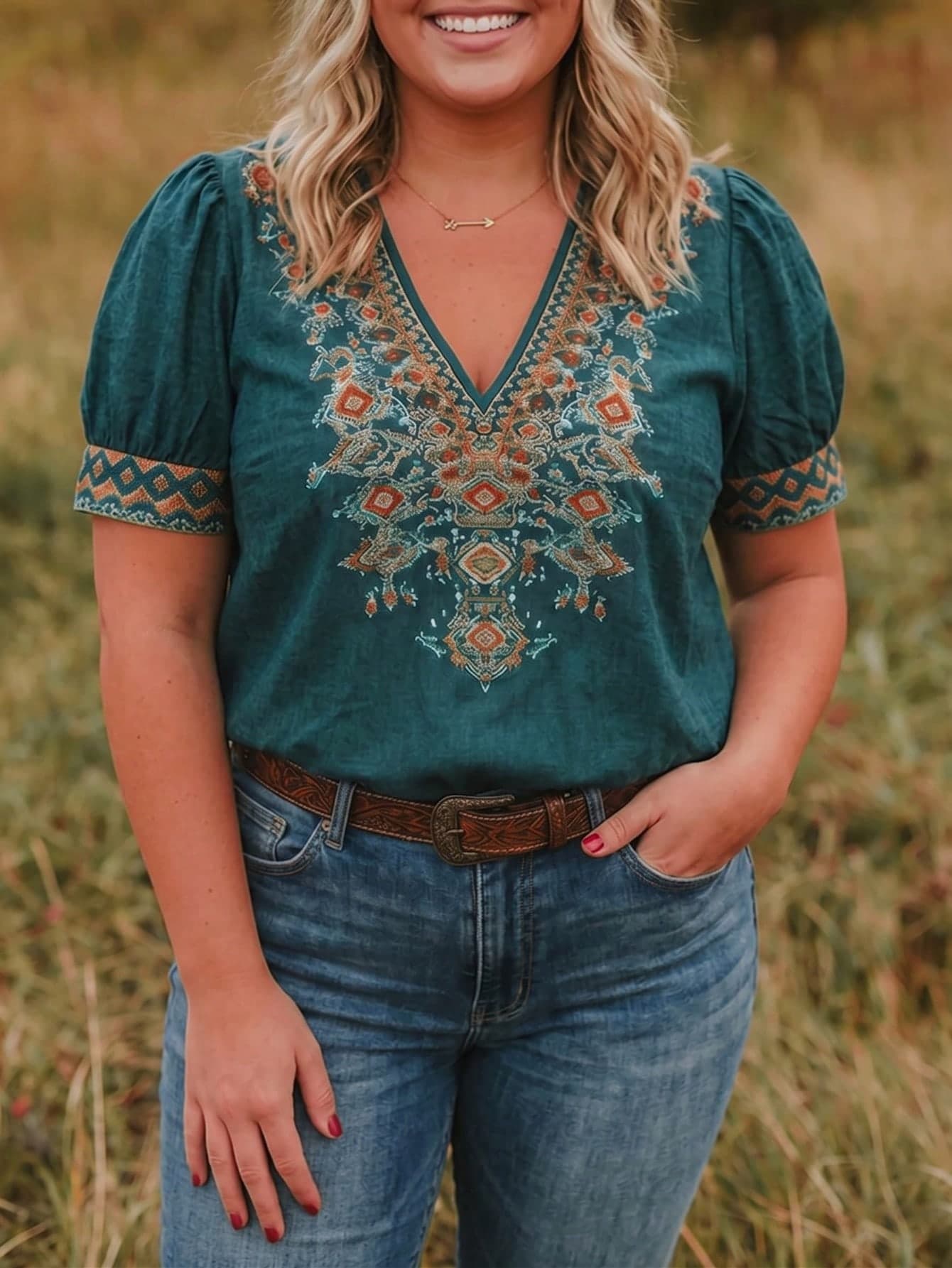 LanaWest CURVE Fashionable Casual V-Neck Printed Blue Summer Plus Size Short Sleeve Top