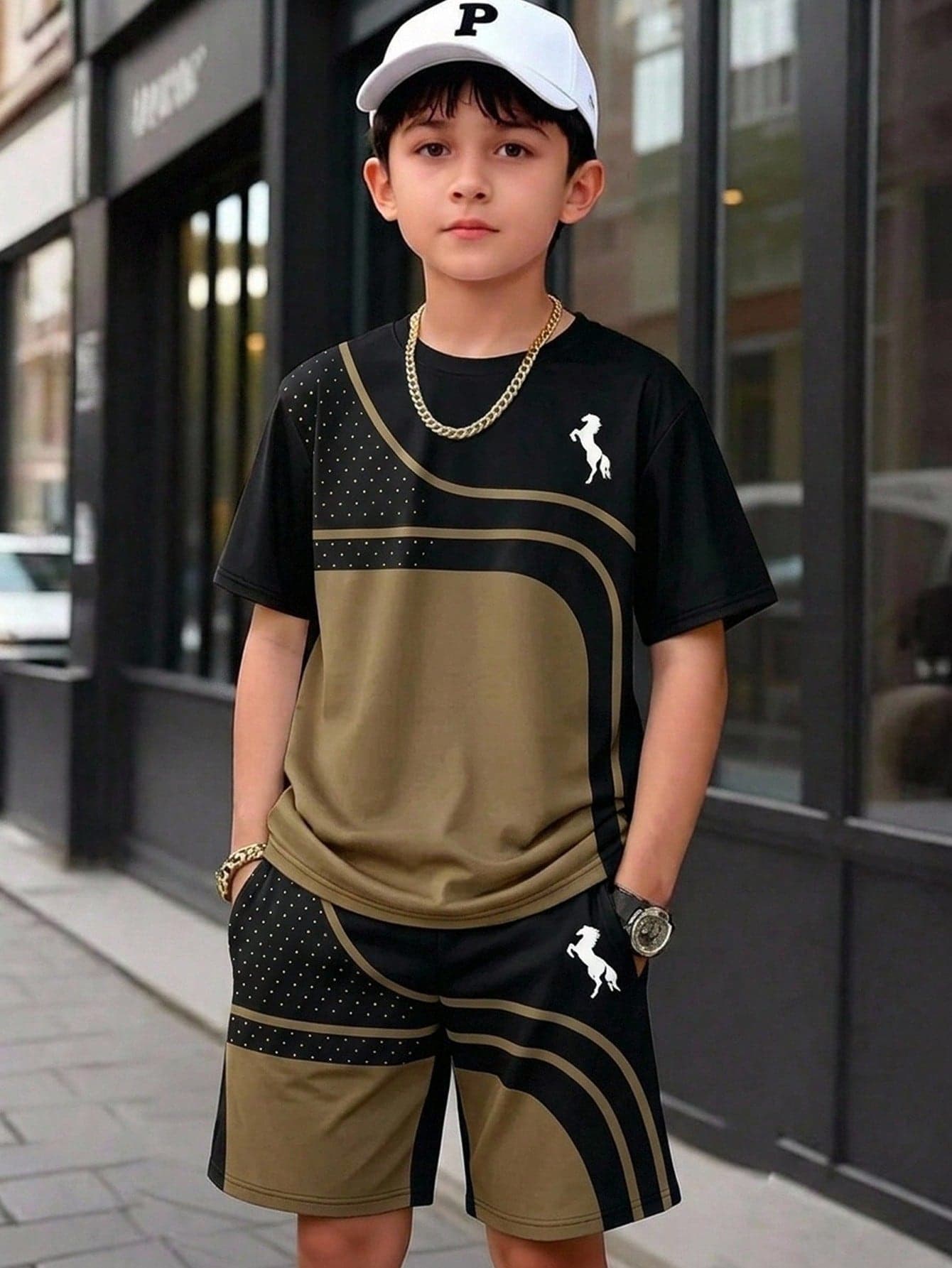 SHEIN 2pcs Teen Boys Spring/Summer Striped Horse Print Casual Sports Short Sleeve Crew Neck T-Shirt + Pocket Shorts Set