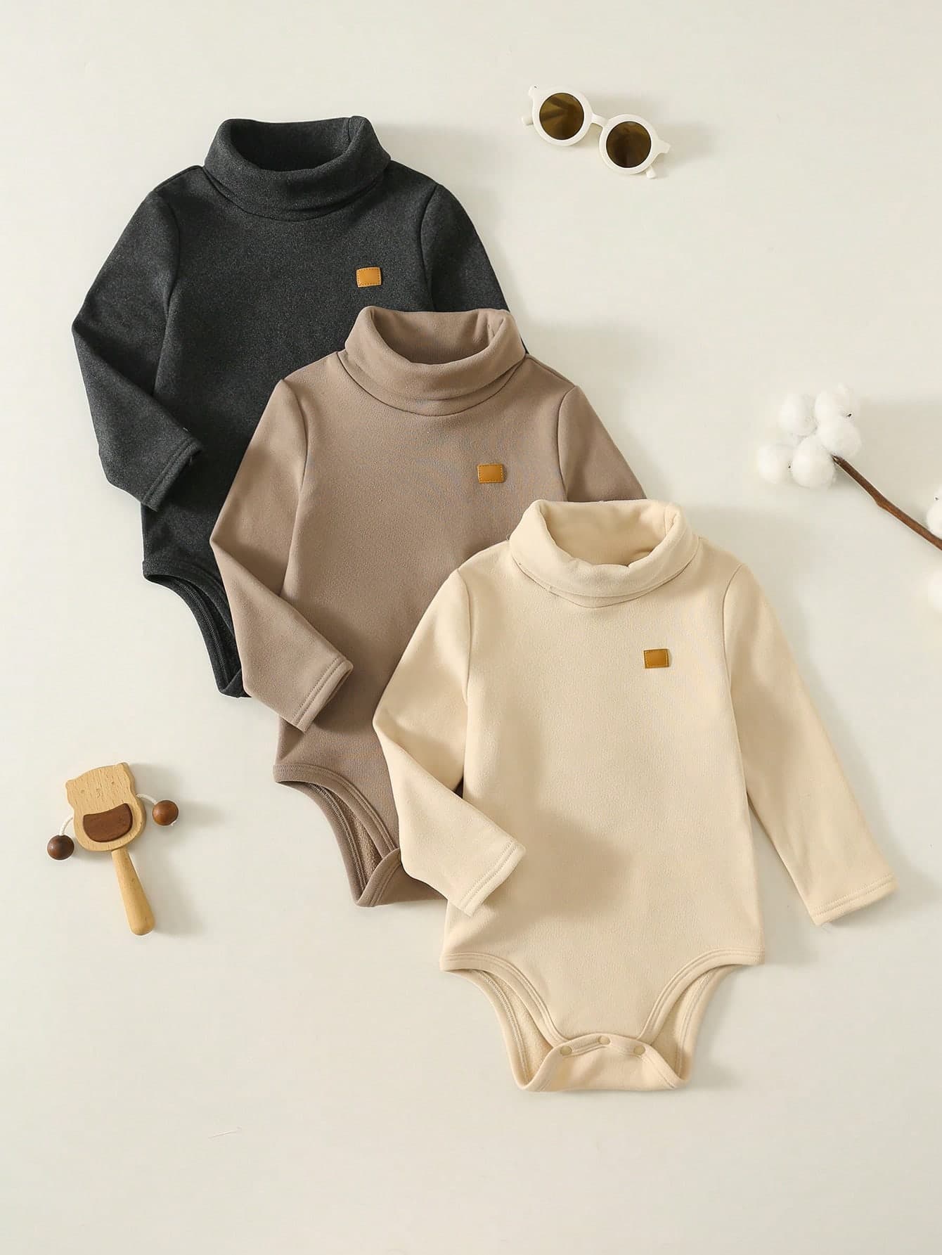 SHEIN Unisex Newborn Baby Boy Bodysuit, Solid Color Thermal Lined Thickened High Neck One-Piece Outfit Set, Multi-Piece, Baby Fall/Winter Clothes Pcs