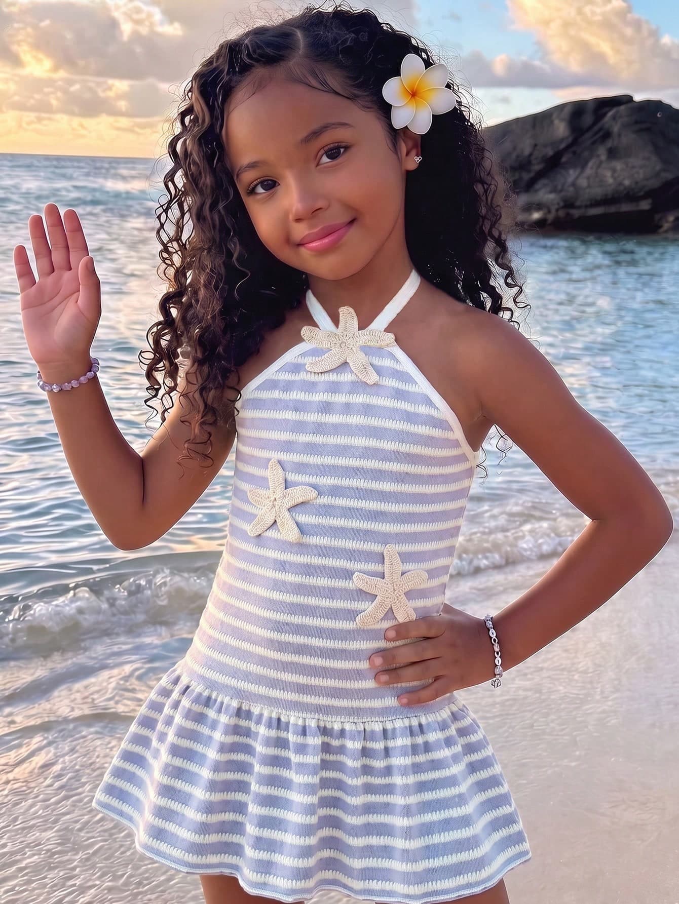 SHEIN Elladie kids Young Girl YK2 Summer Korean Style New Fashion Sweet Spaghetti Strap Strap Backless Rainbow Striped Cute Vacation Dress