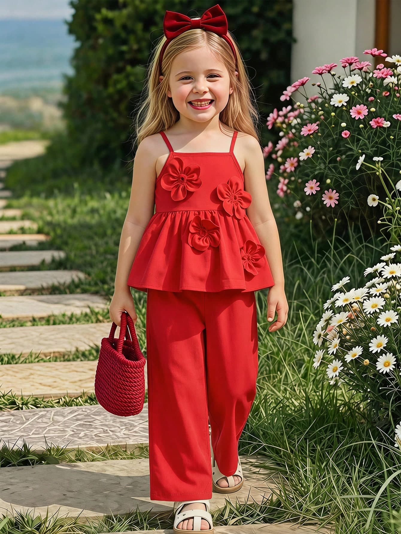 SHEIN 2pcs Young Girl Woven Solid Striped 3D Floral Camisole And Long Pants Set