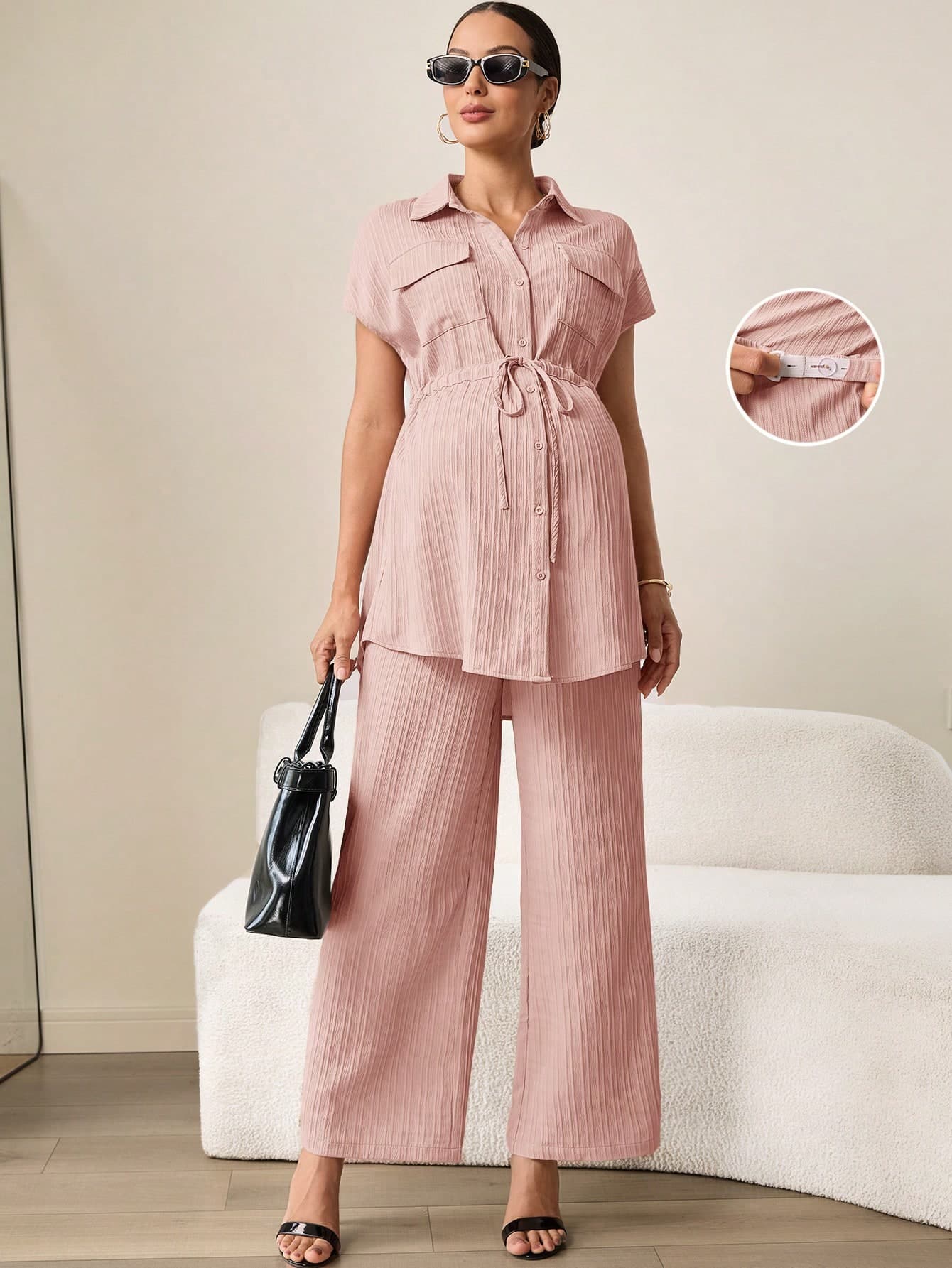 MaterniWear Maternity Solid Color Short Sleeve Top And Adjustable Waist Long Pants Casual Daily 2 Pieces Set