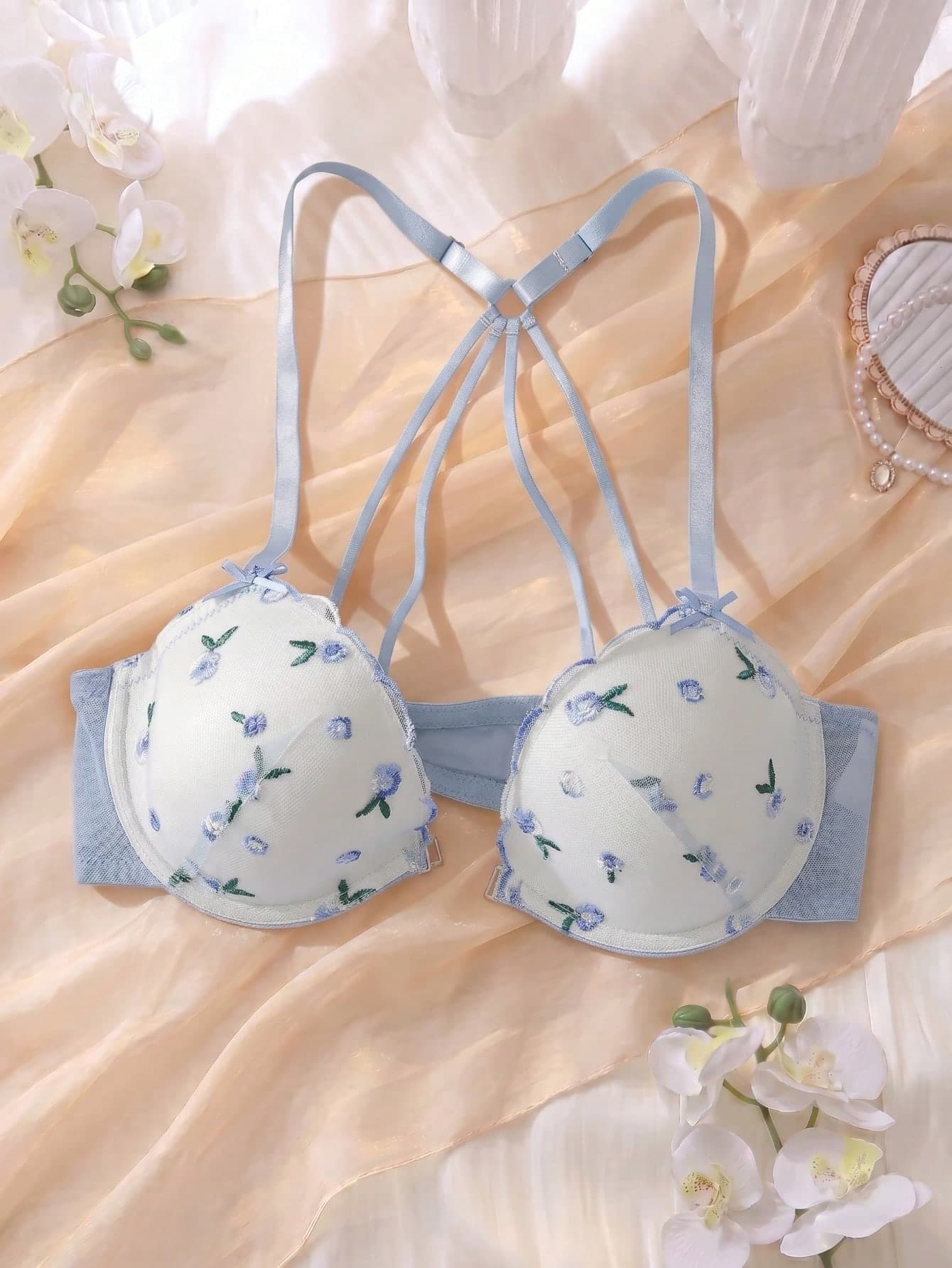 FairyFlirt Elegant Sweet Cute Push-Up Front Closure Floral Embroidery 3/4 Cup Underwire Padded Lingerie Bra For Women, Pale Blue & White, Kawaii