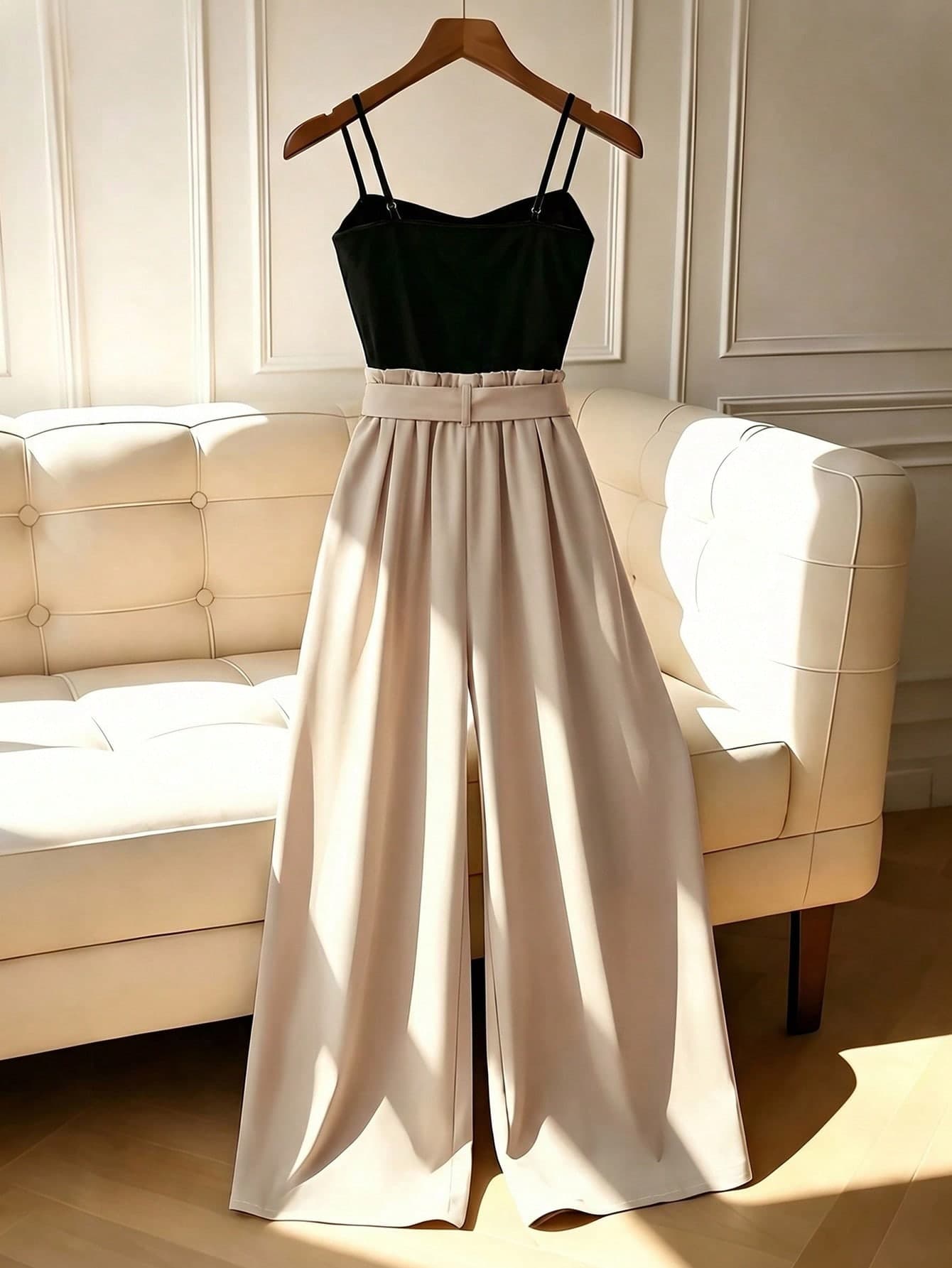 Elenzga Plus Size Women's Colorblock Waist Tie Casual Everyday Camisole Jumpsuit Wide Leg Pants