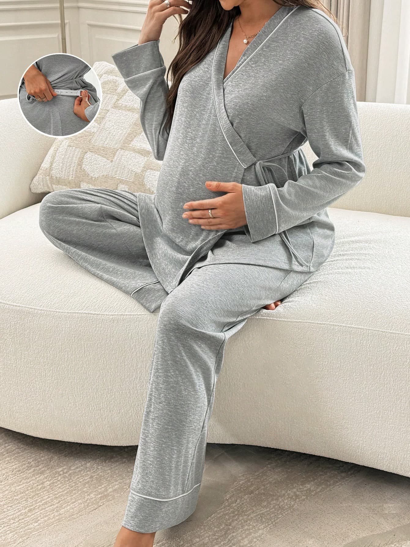 Slowluna Maternity Tie-Wrap Top And Pants 2 Pieces Set