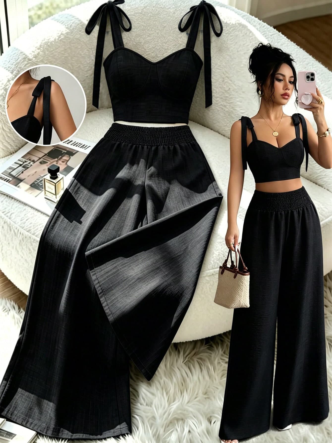 Elenzga Women's Standard Size Camisole Top With Back Shirred Design + Shirred Waist Wide Leg Straight Pants 2 Pieces Set