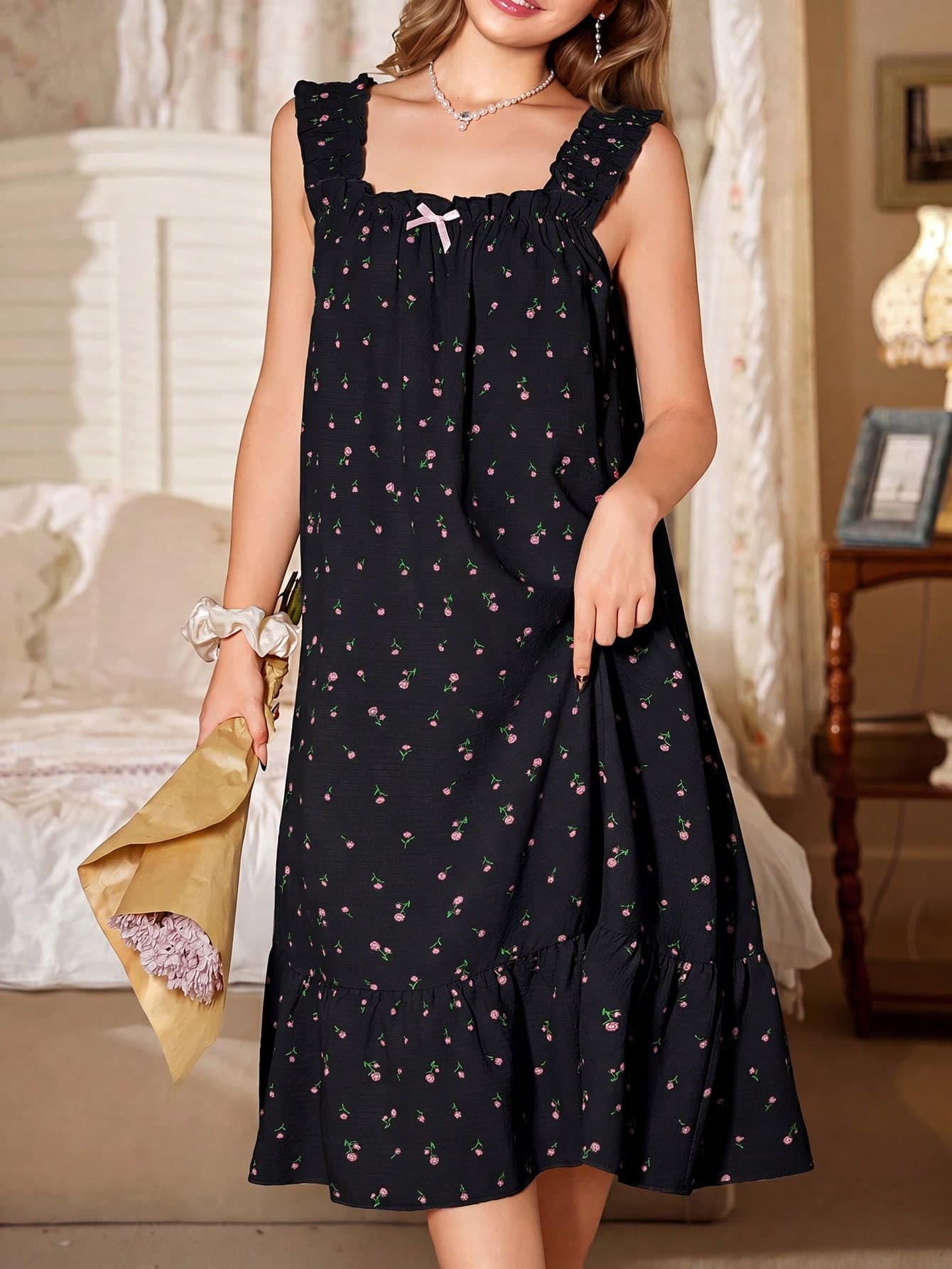CottageSlumber Romantic Ditsy Floral Frill Trim Square Neck Cami Long Nightgown