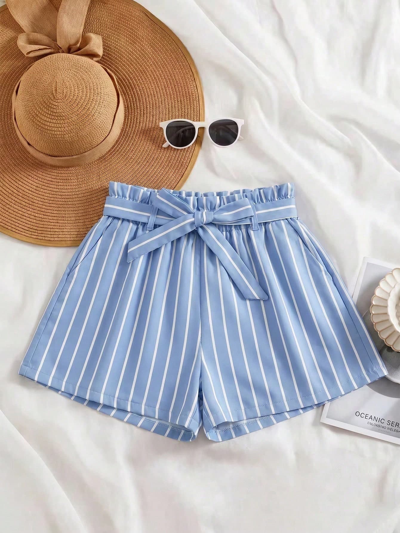 Franclia Women's Solid Striped Shorts With Belt, Summer